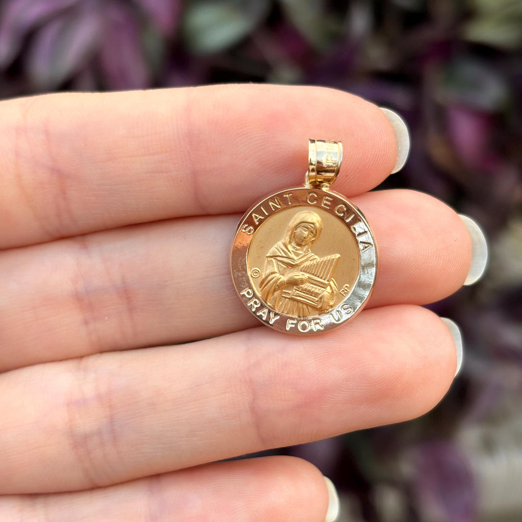 14k Gold St Cecilia Round Medal Pendant