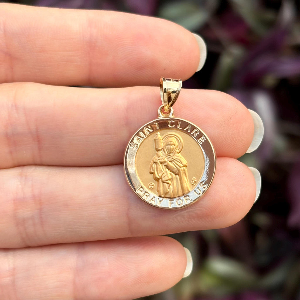 14k Gold St Clare Round Medal Pendant