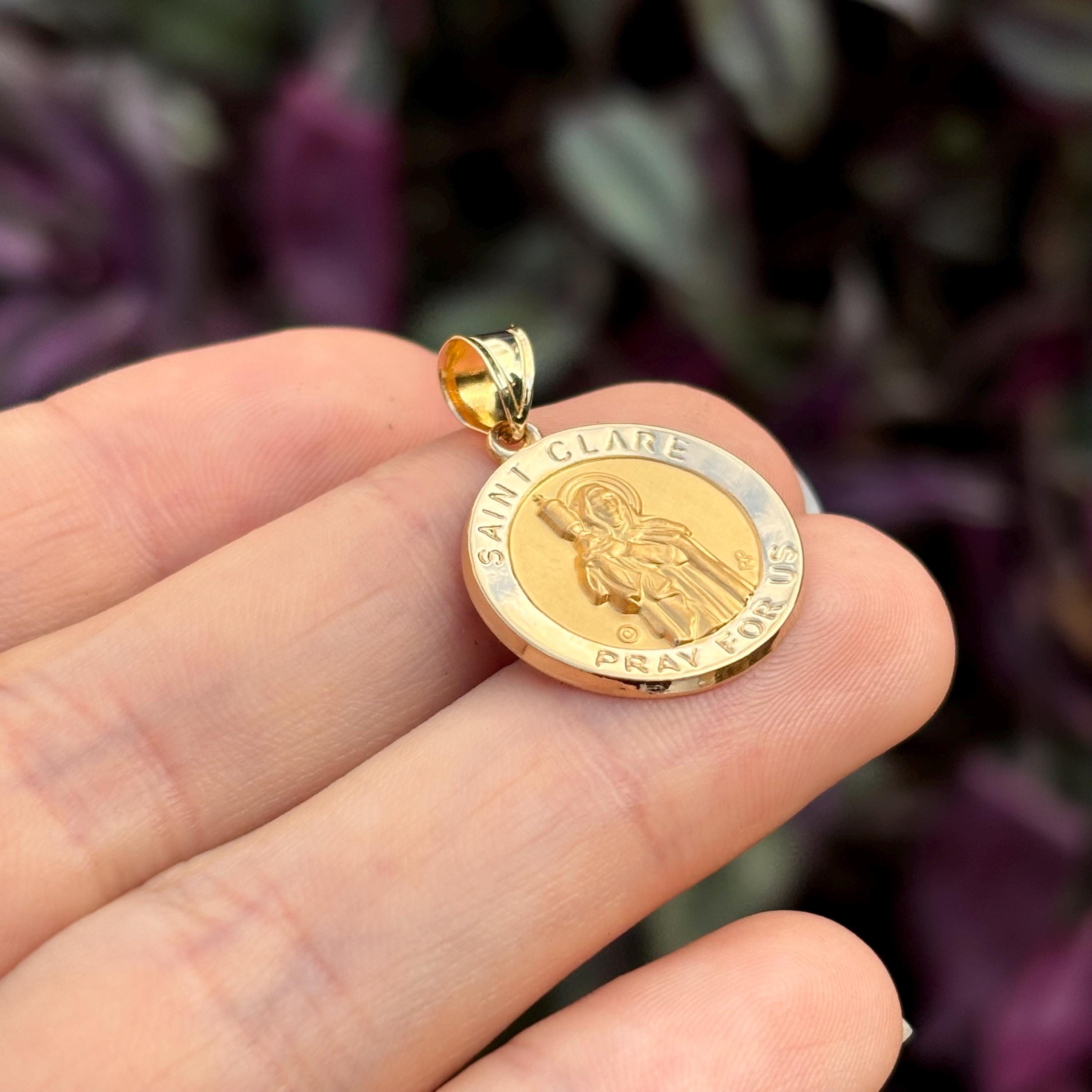 14k Gold St Clare Round Medal Pendant