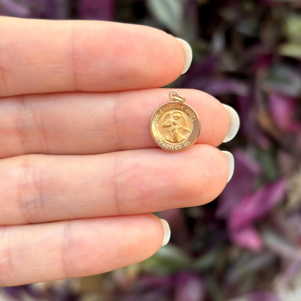 14k Gold Our Guardian Angel Round Medal Charm Pendant 11.75mm