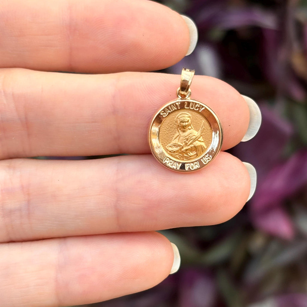 14k Gold St Lucy Round Medal Charm Pendant