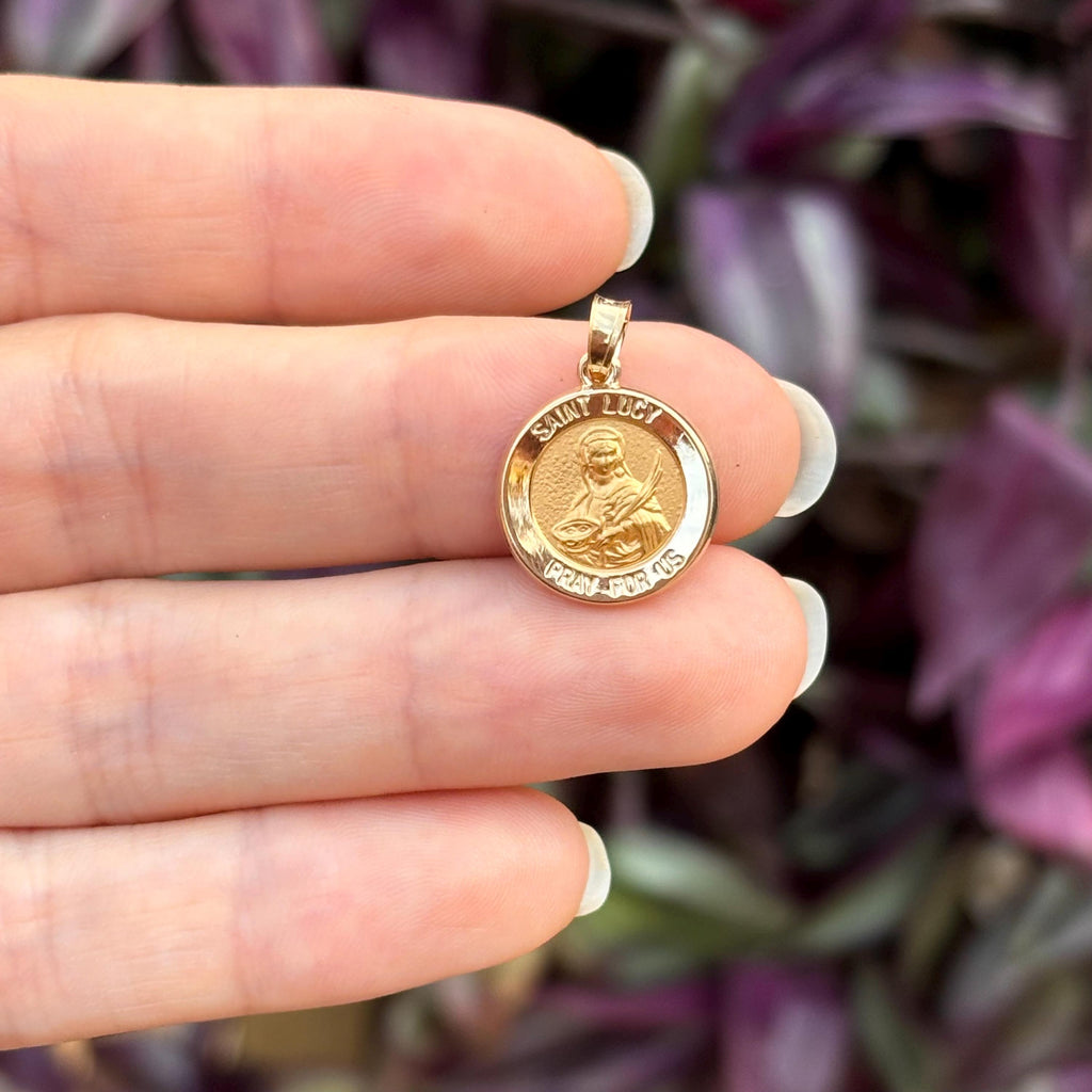 14k Gold St Lucy Round Medal Charm Pendant
