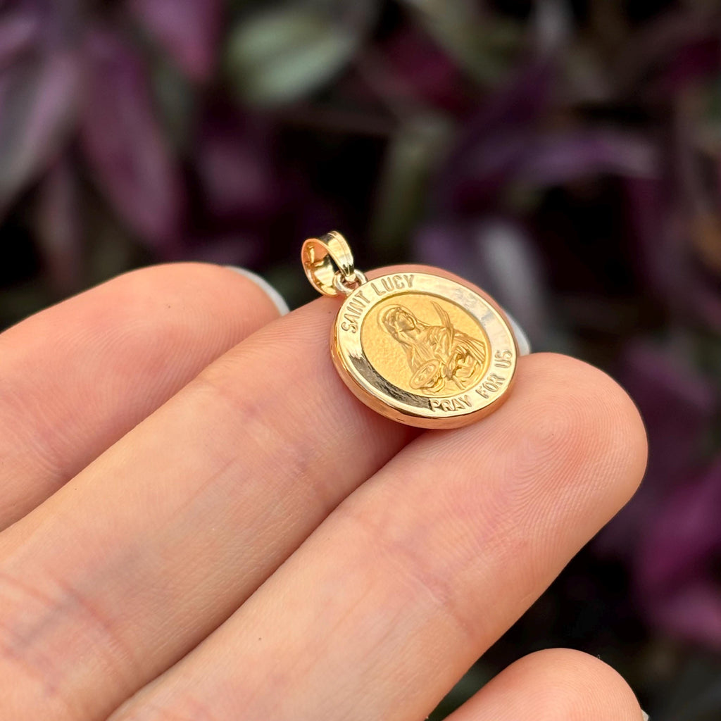 14k Gold St Lucy Round Medal Charm Pendant