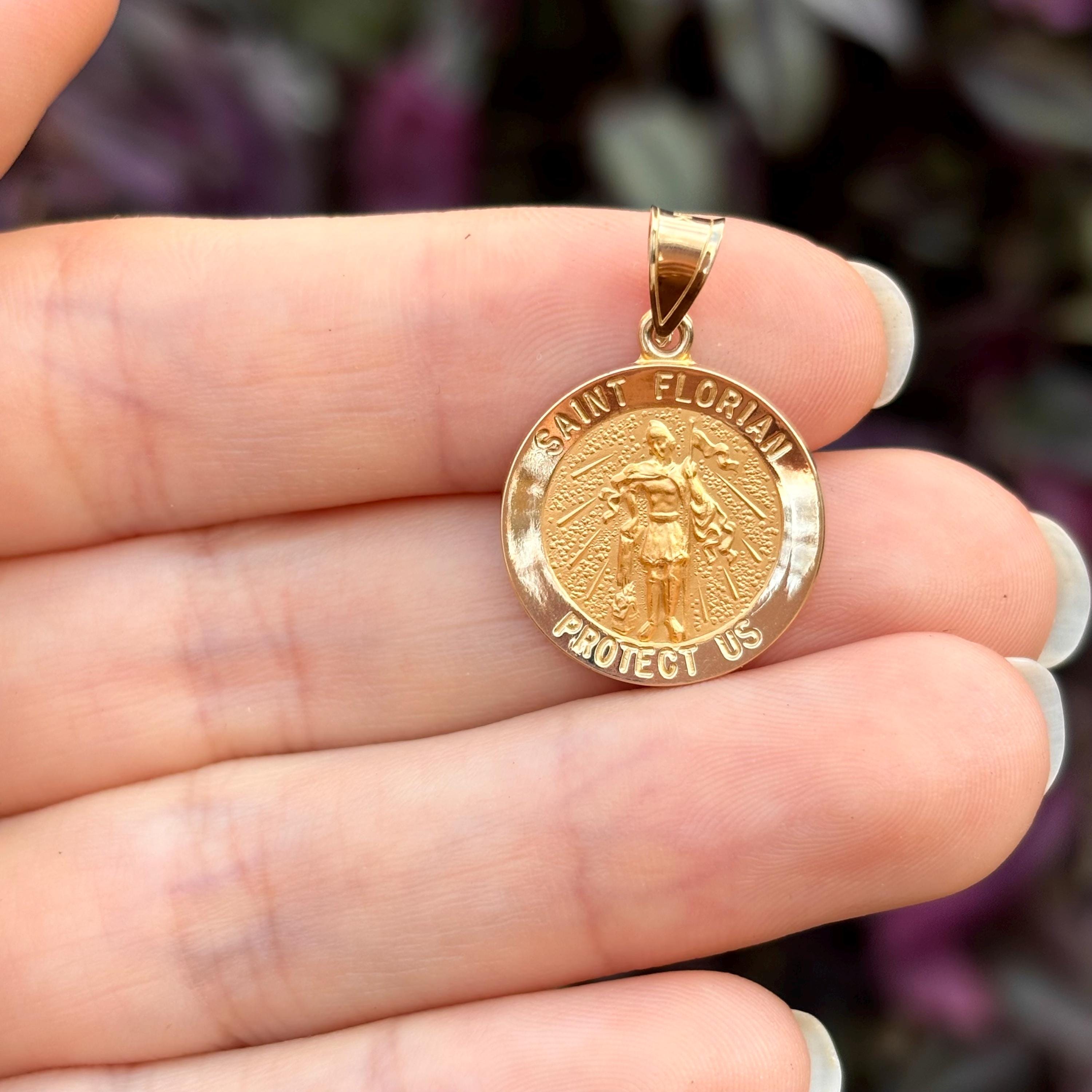 14k Gold St Florian Round Medal Charm Pendant