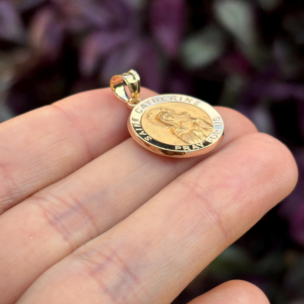 14k Gold St Catherine Round Medal Pendant