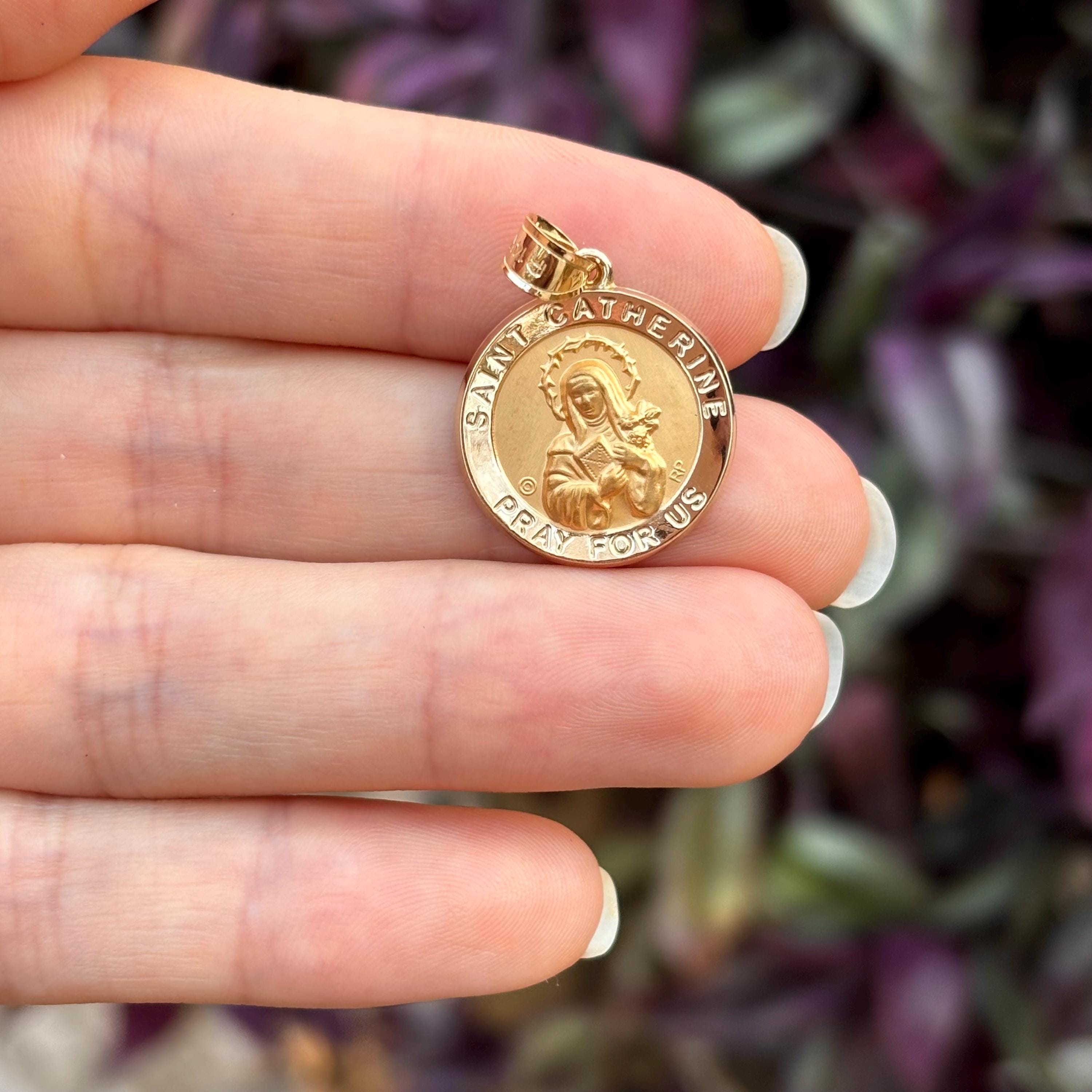 14k Gold St Catherine Round Medal Pendant
