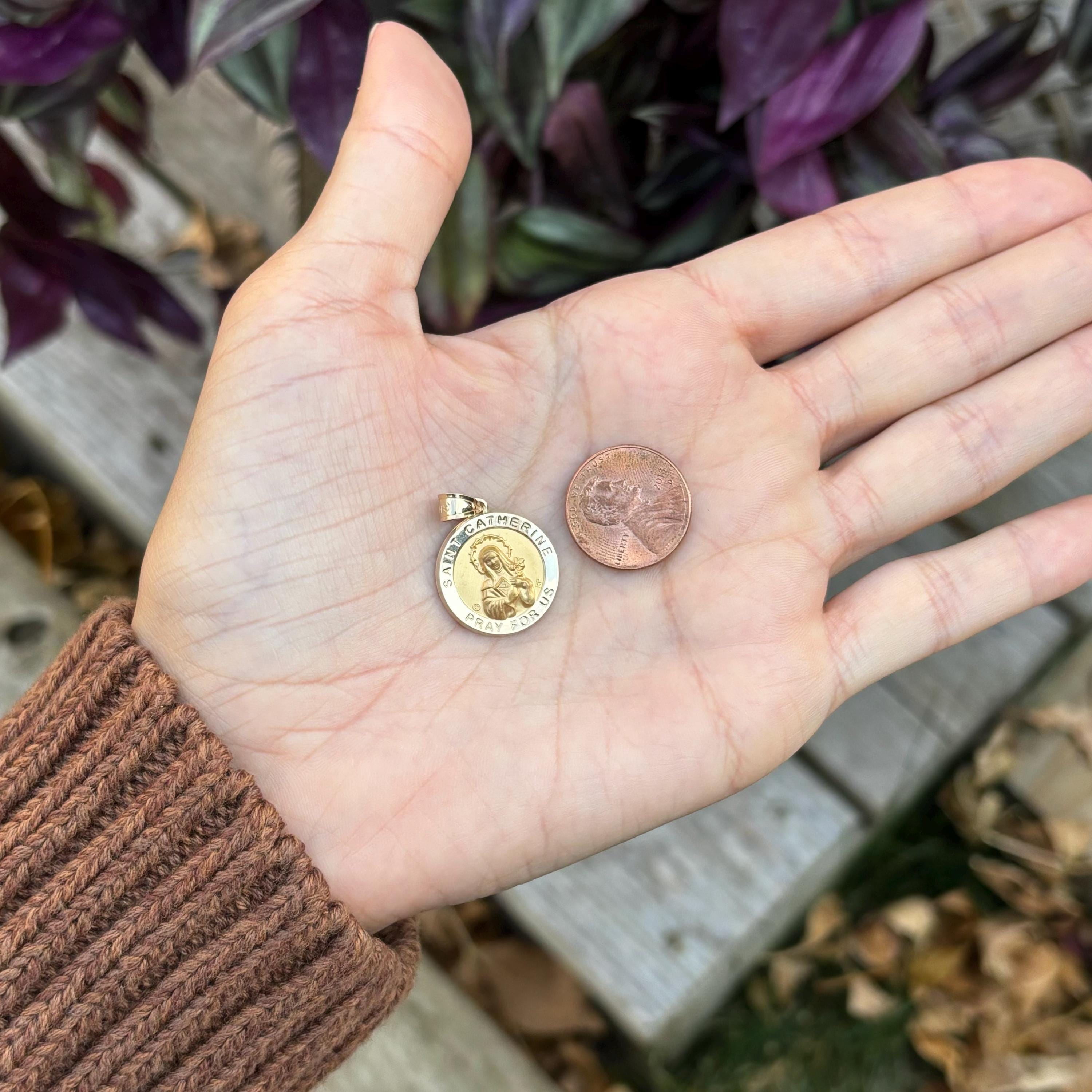 14k Gold St Catherine Round Medal Pendant