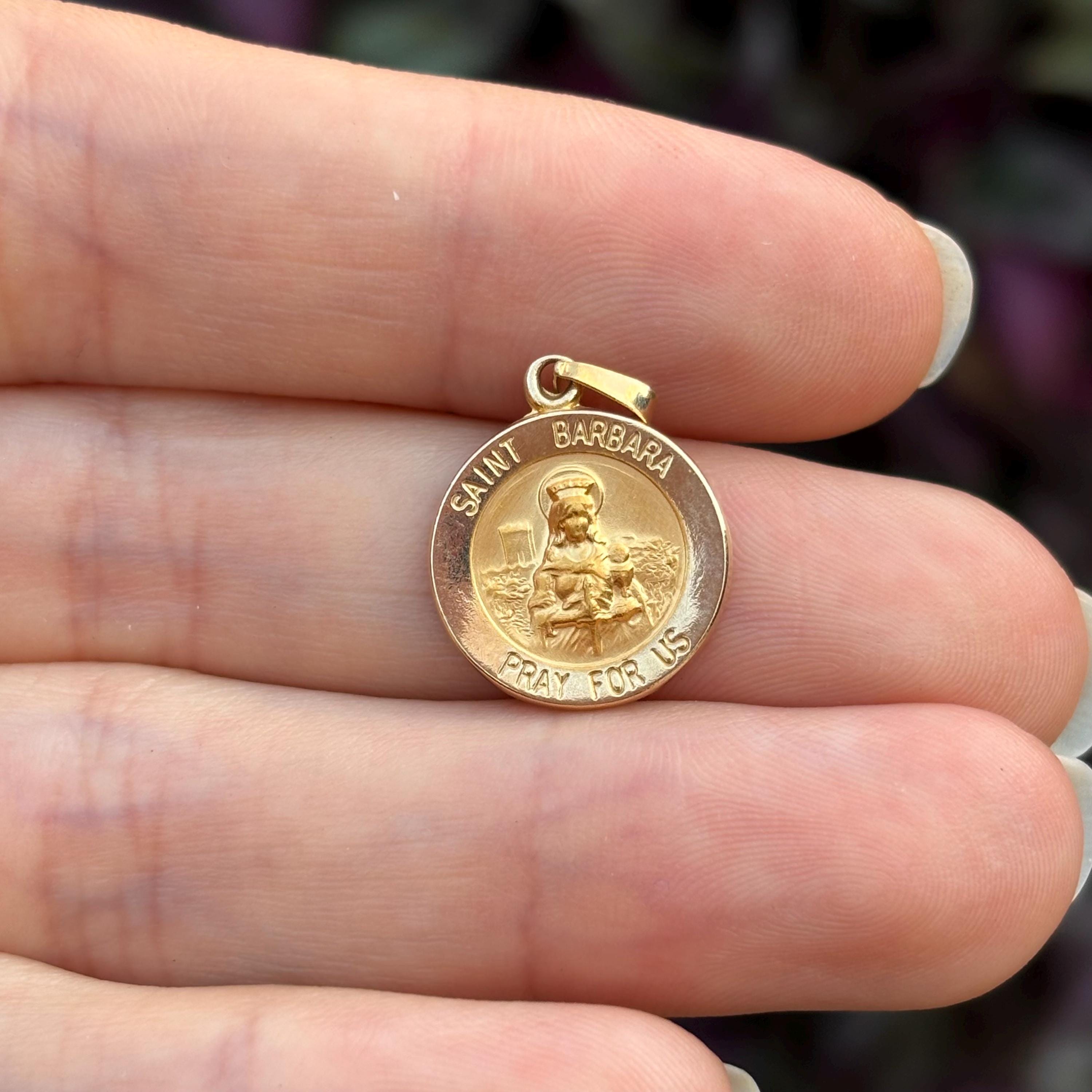 14k Gold St Barbara Round Medal Pendant