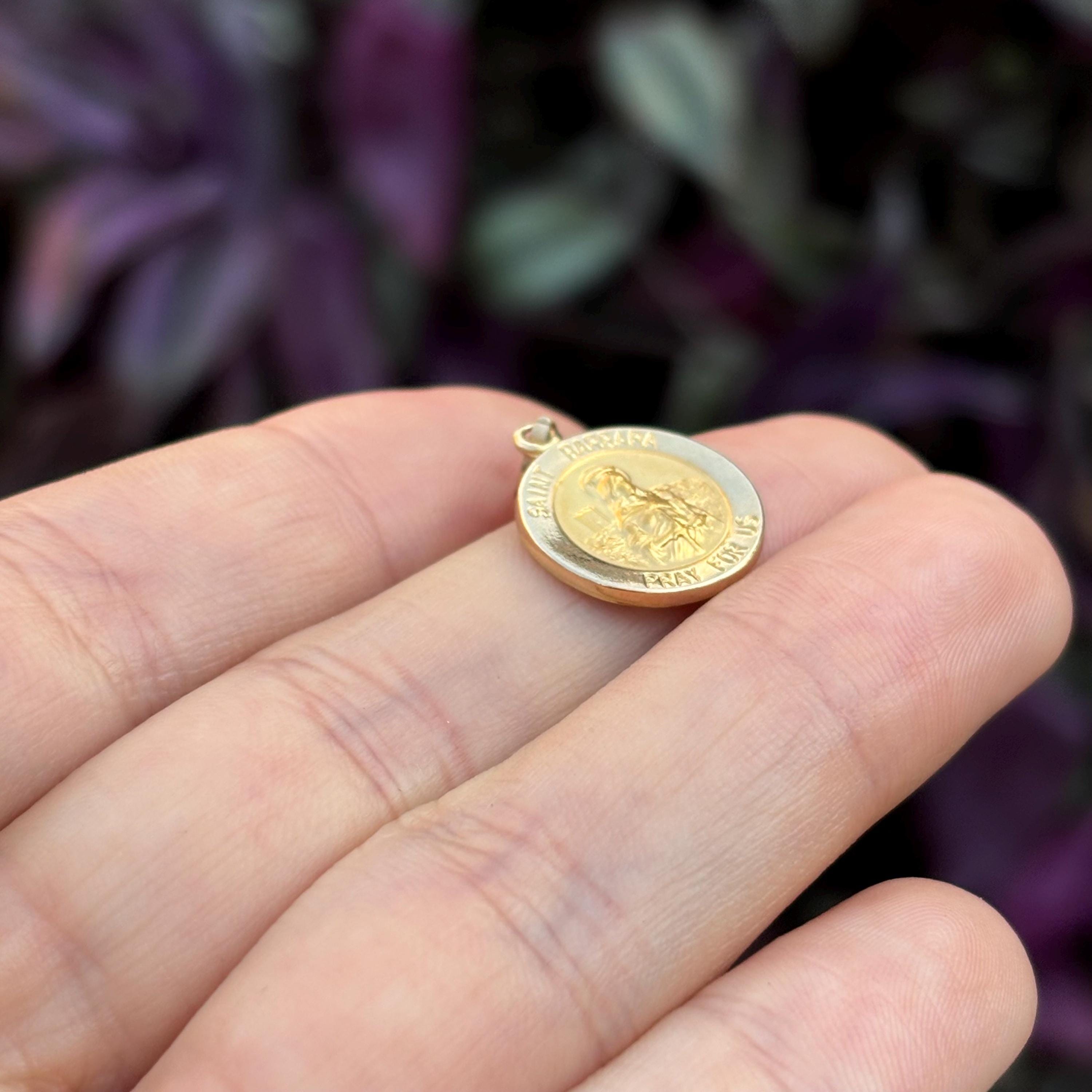14k Gold St Barbara Round Medal Pendant