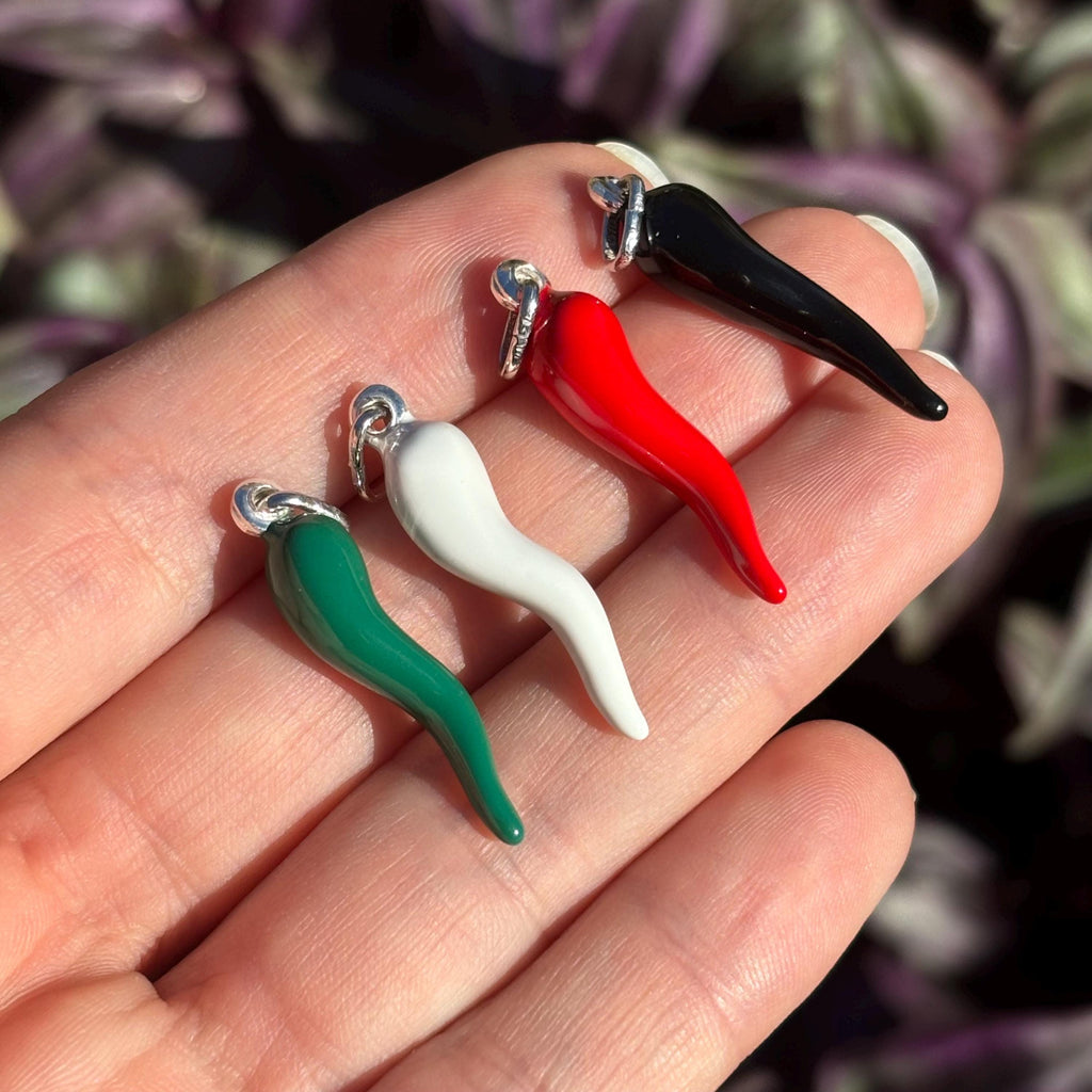 Sterling Silver Enamel Italian Horn Corno Pendant Green Red White Black