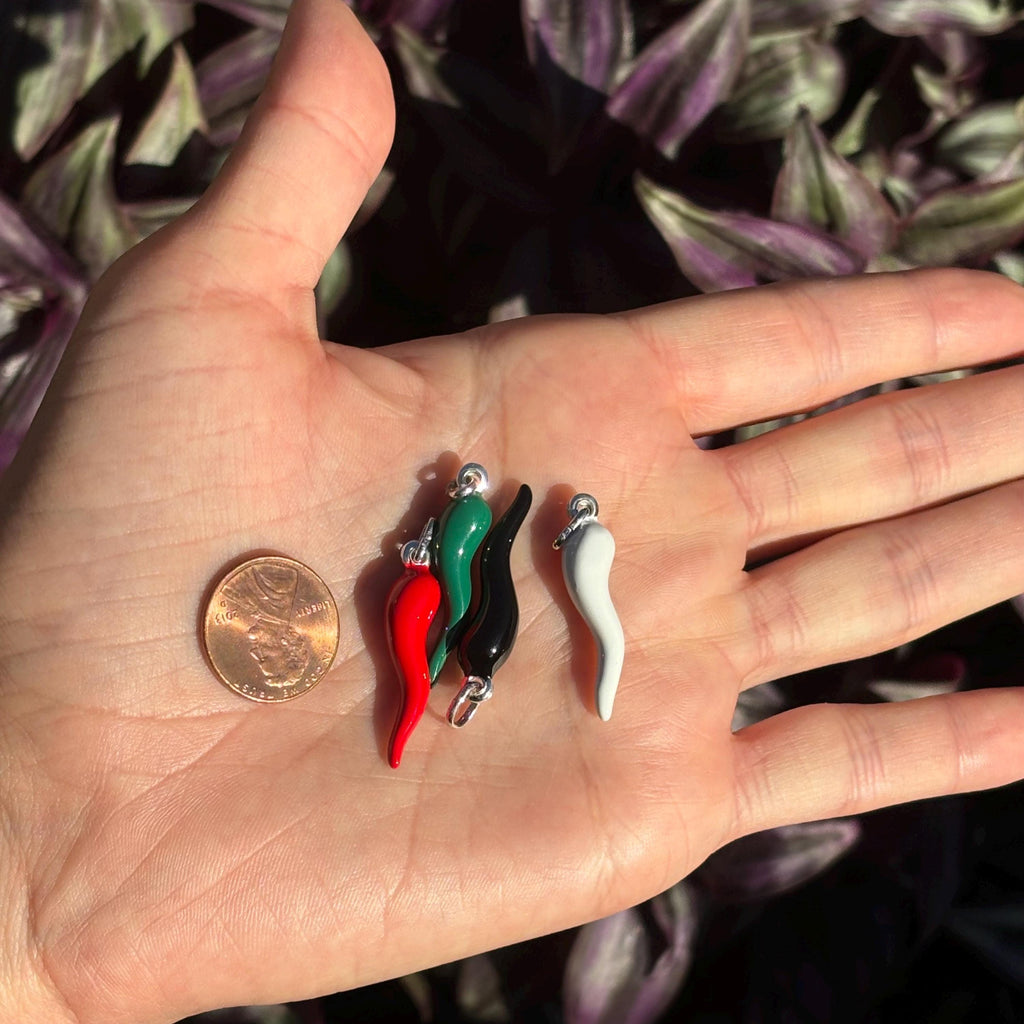Sterling Silver Enamel Italian Horn Corno Pendant Green Red White Black