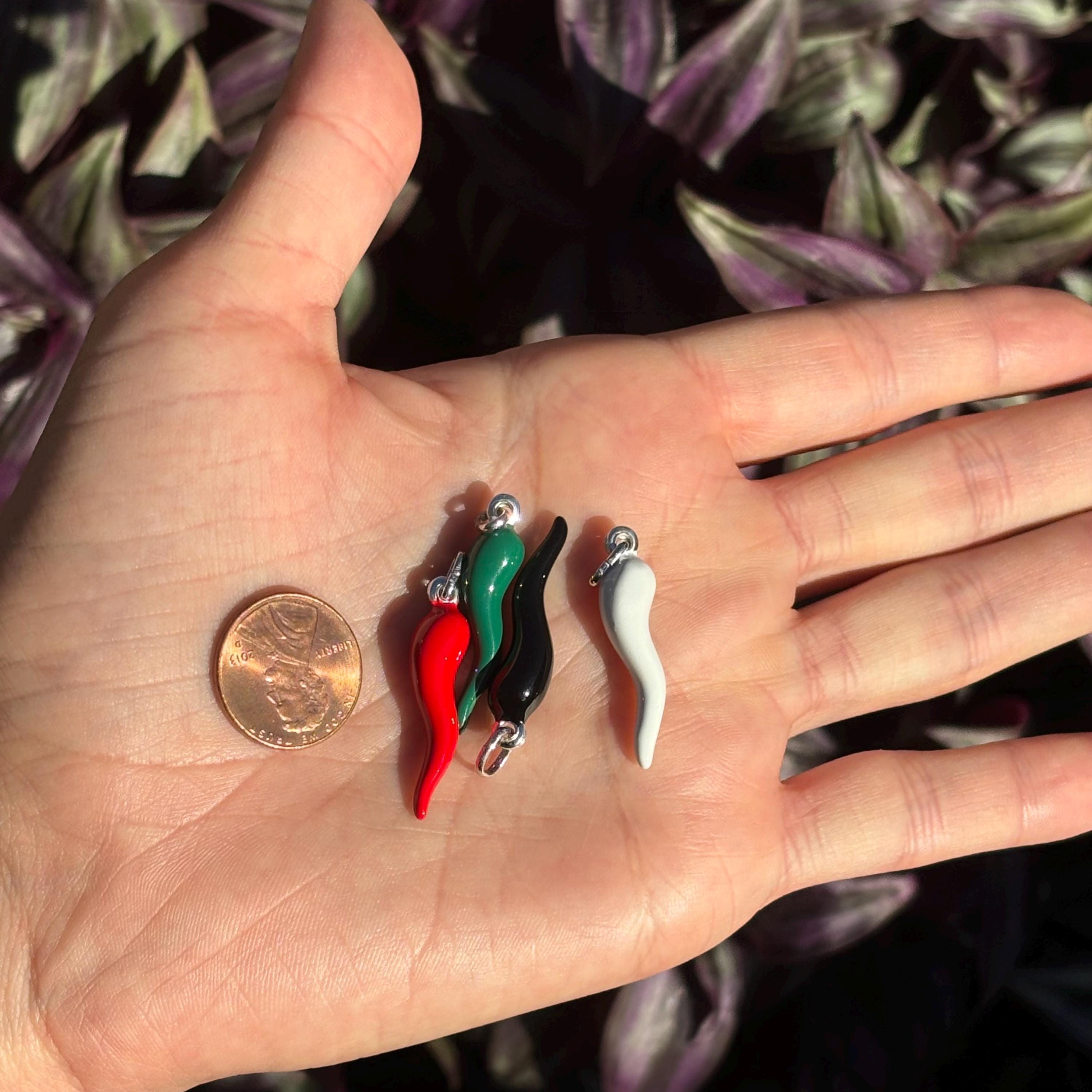 Sterling Silver Enamel Italian Horn Corno Pendant Green Red White Black