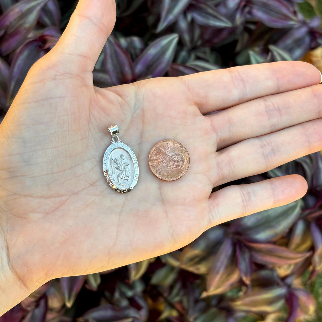 14K White Gold St Christopher Oval Medal Hollow Pendant