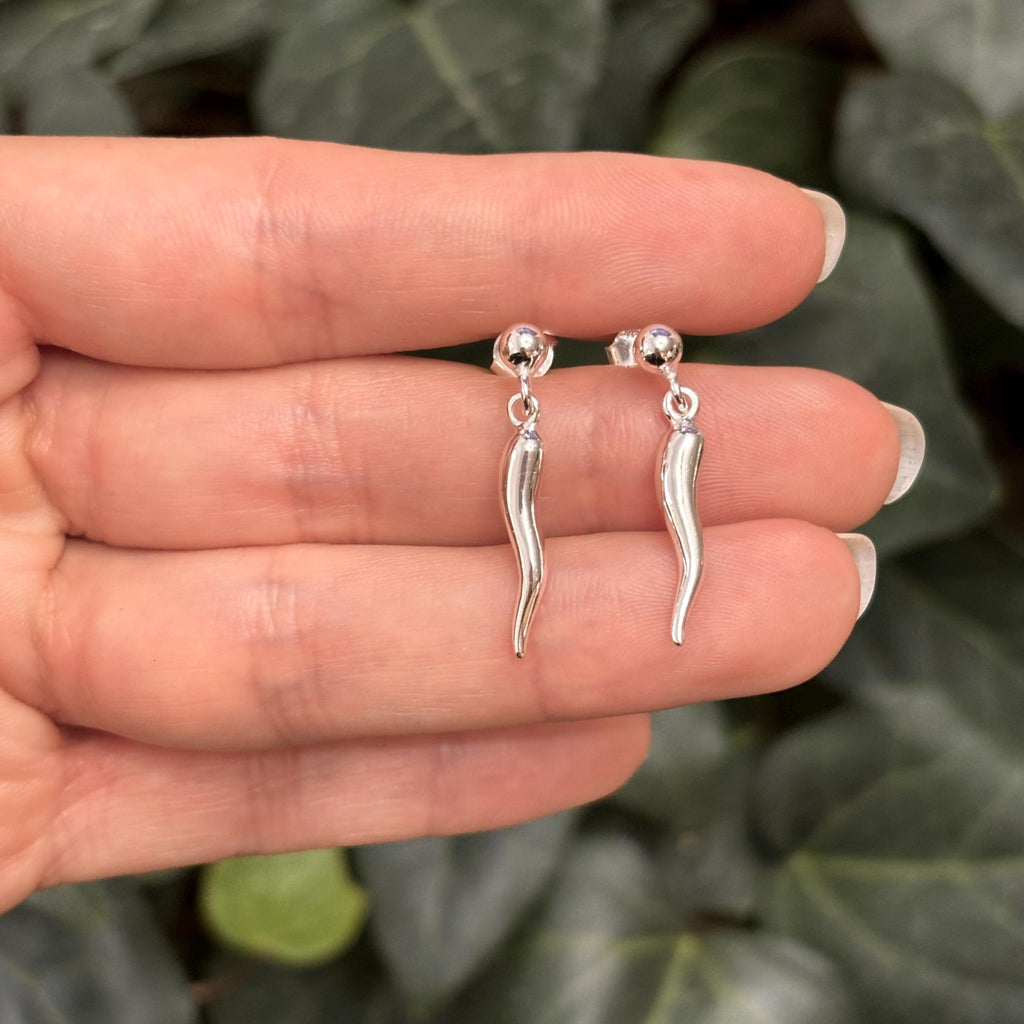 Sterling Silver Italian Horn Corno Drop Earrings
