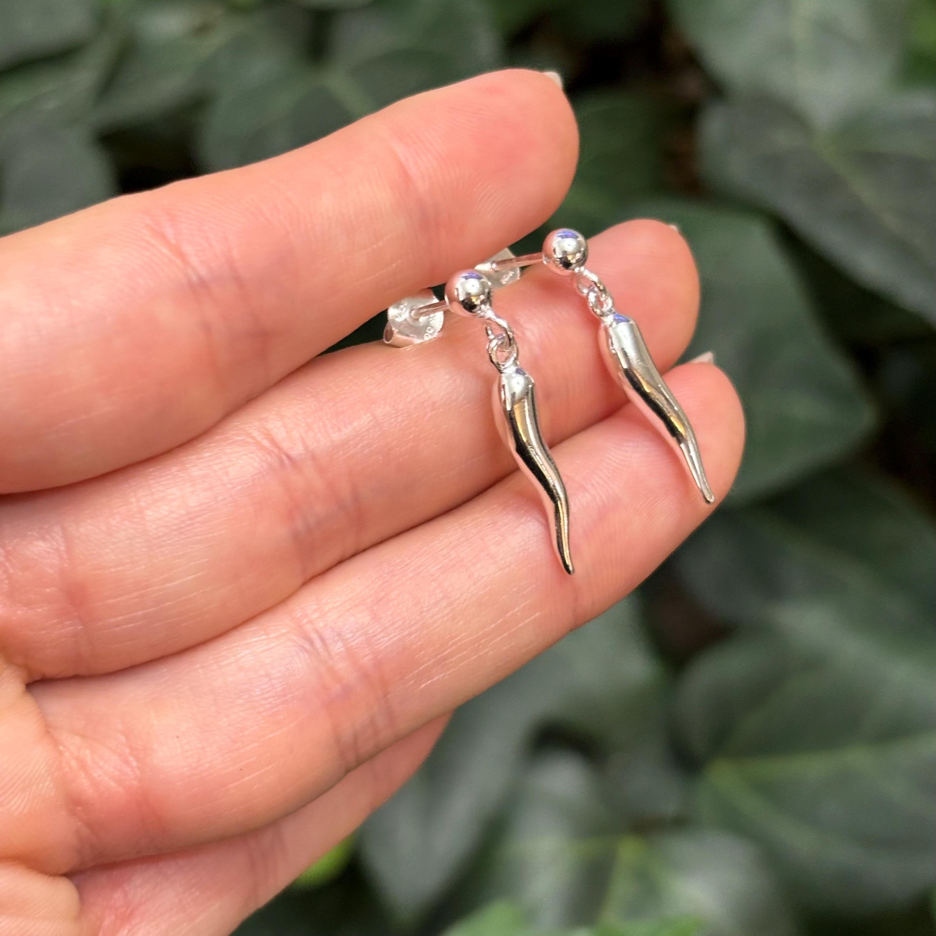 Sterling Silver Italian Horn Corno Drop Earrings