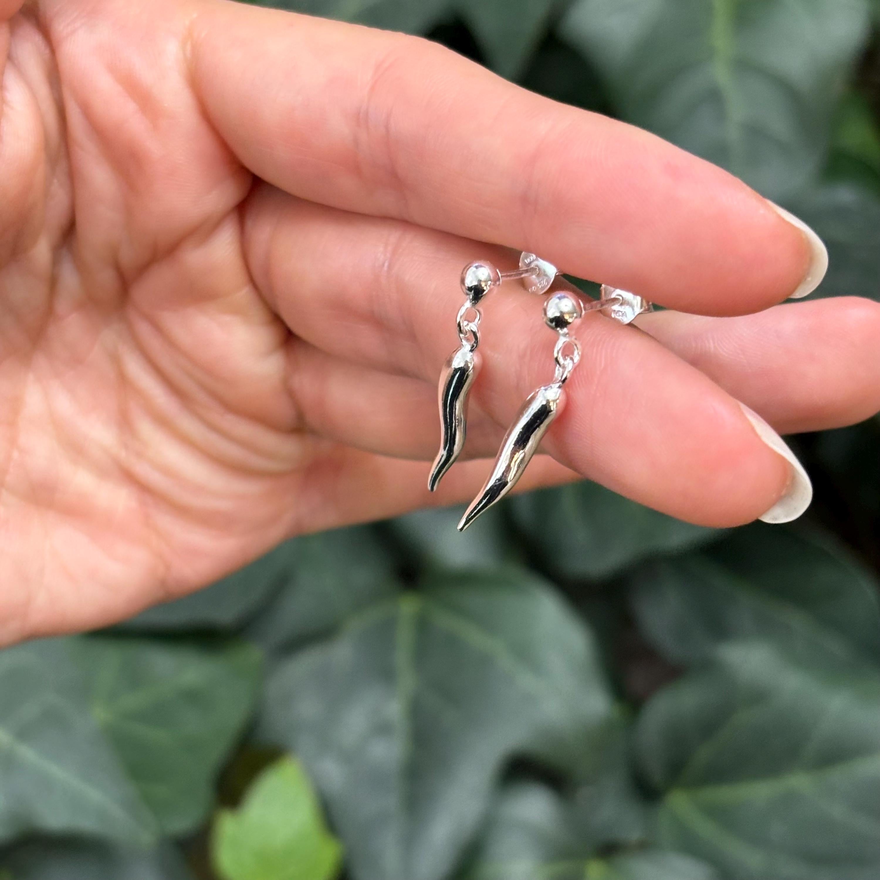 Sterling Silver Italian Horn Corno Drop Earrings