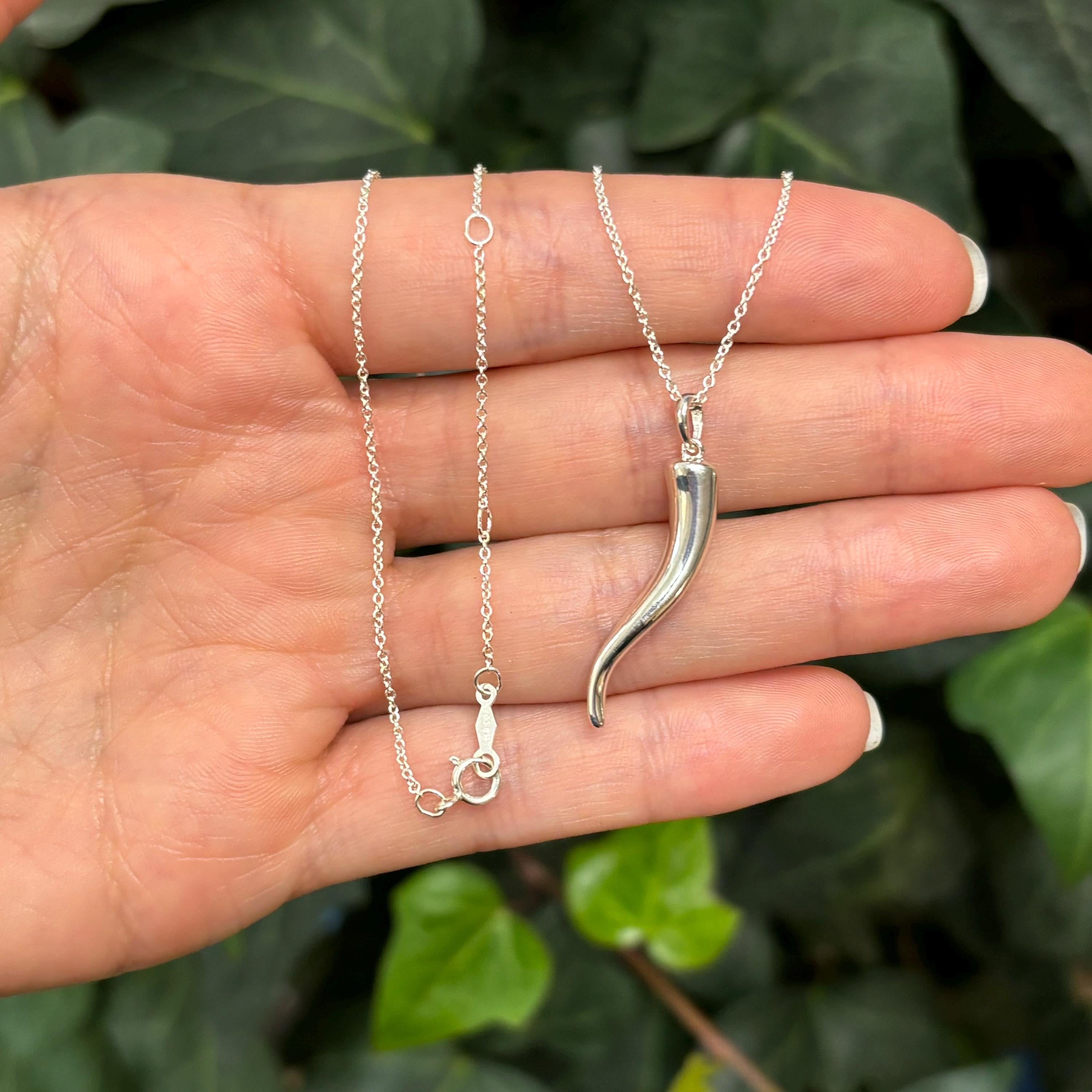 Sterling Silver Italian Horn Corno Pendant Necklace