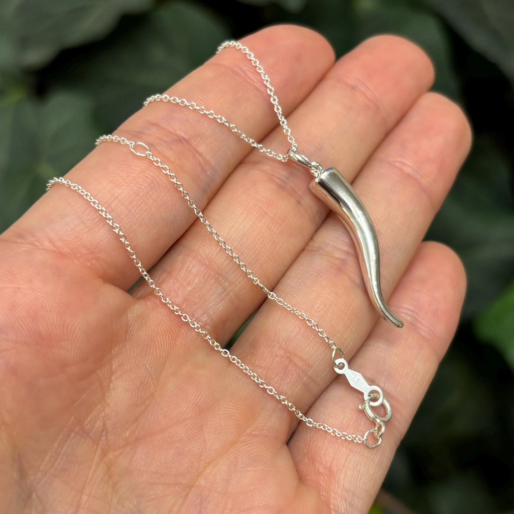 Sterling Silver Italian Horn Corno Pendant Necklace