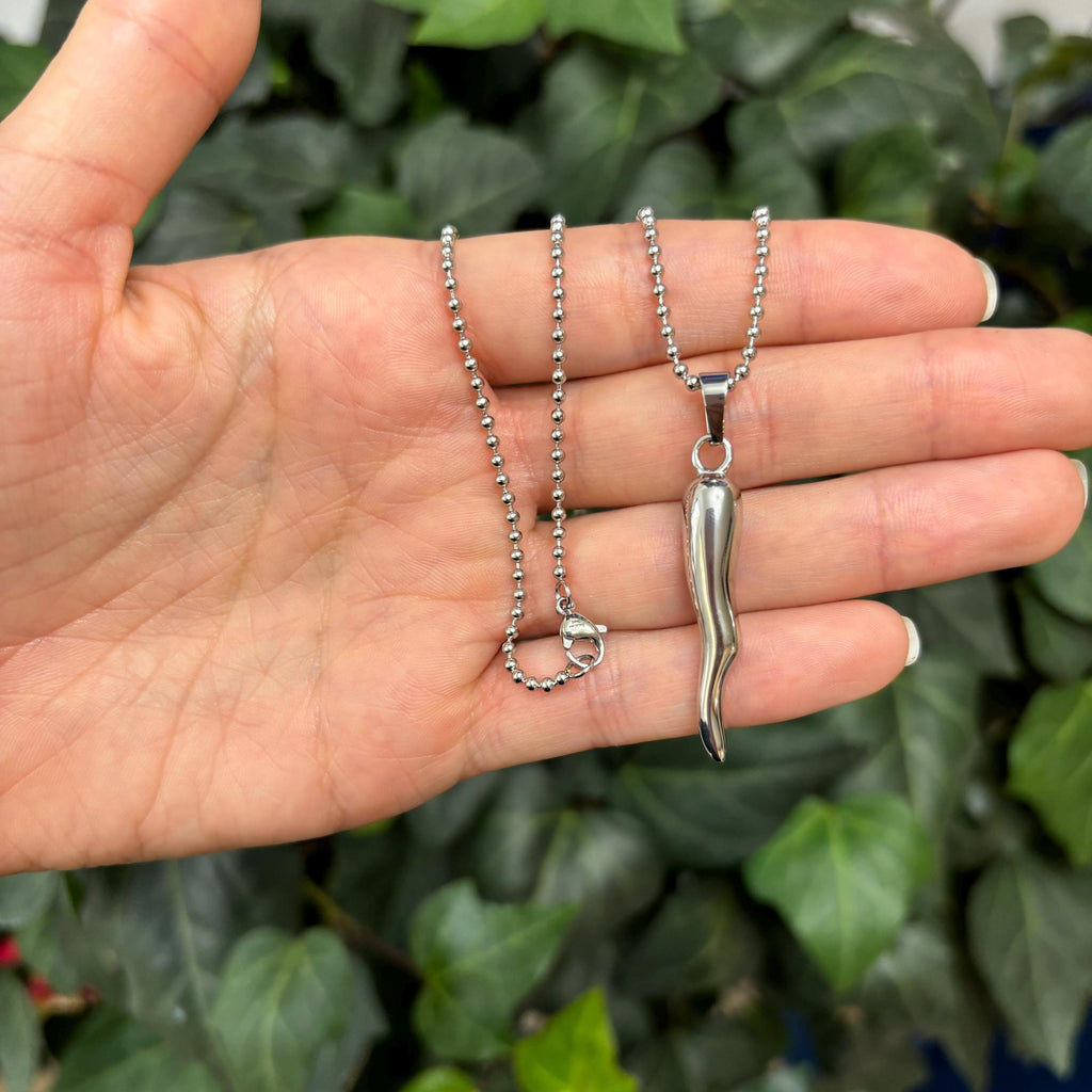 Stainless Steel Italian Horn Corno Pendant Ball Necklace