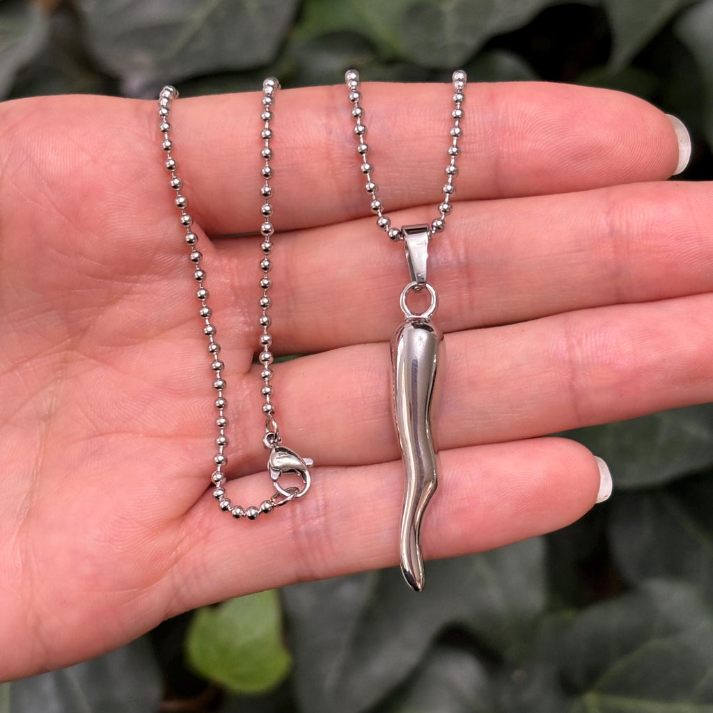 Stainless Steel Italian Horn Corno Pendant Ball Necklace