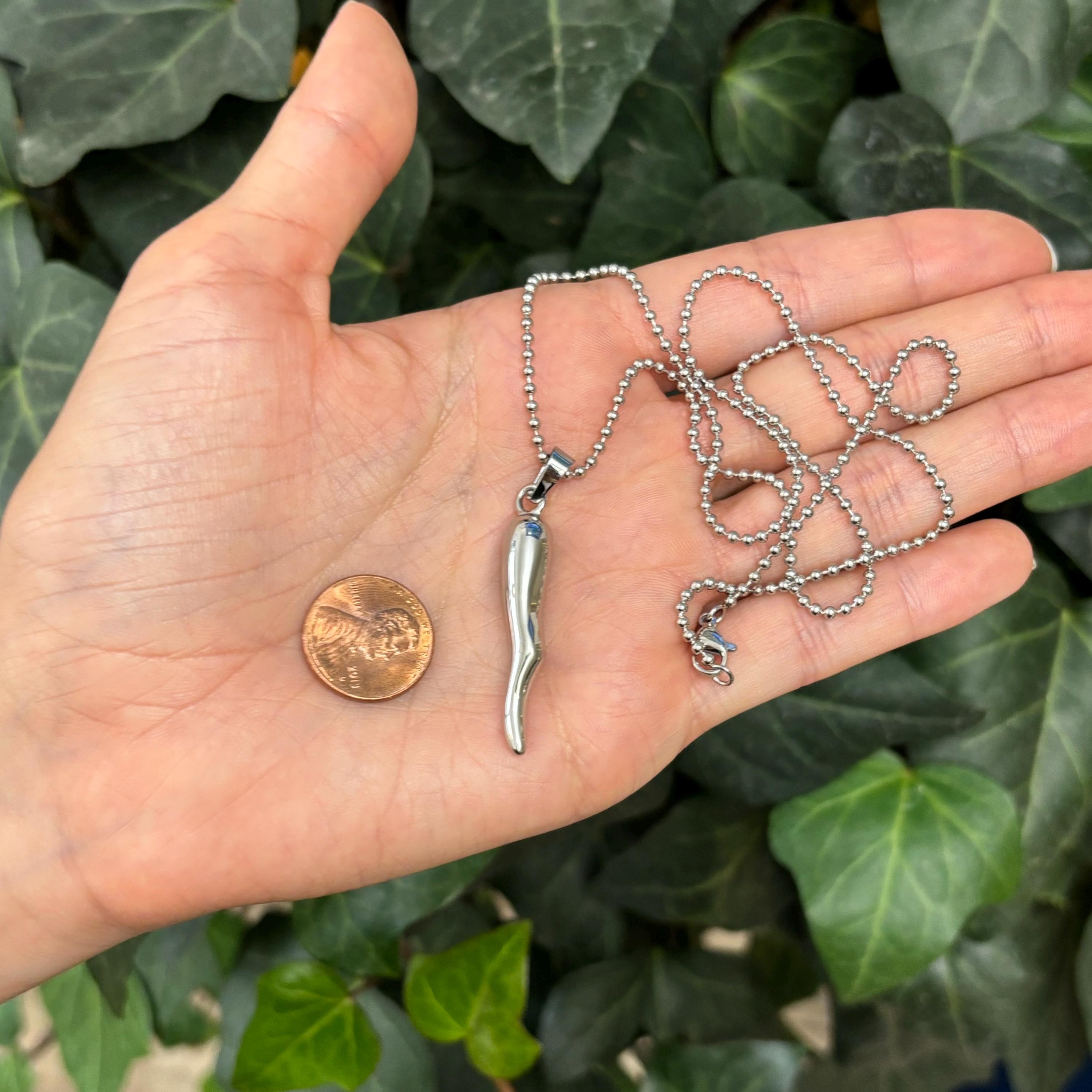 Stainless Steel Italian Horn Corno Pendant Ball Necklace