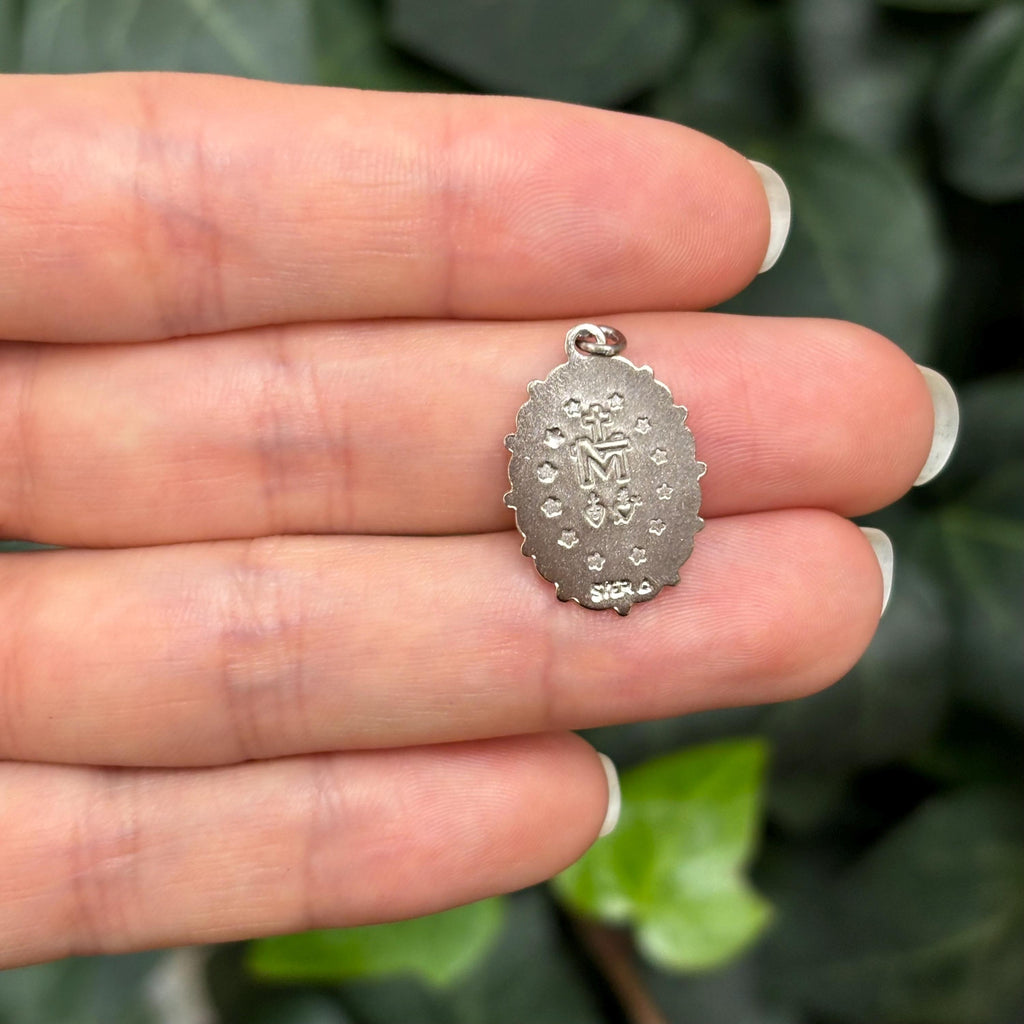 Sterling Silver Miraculous Medal Oval Blue Medal Charm Pendant