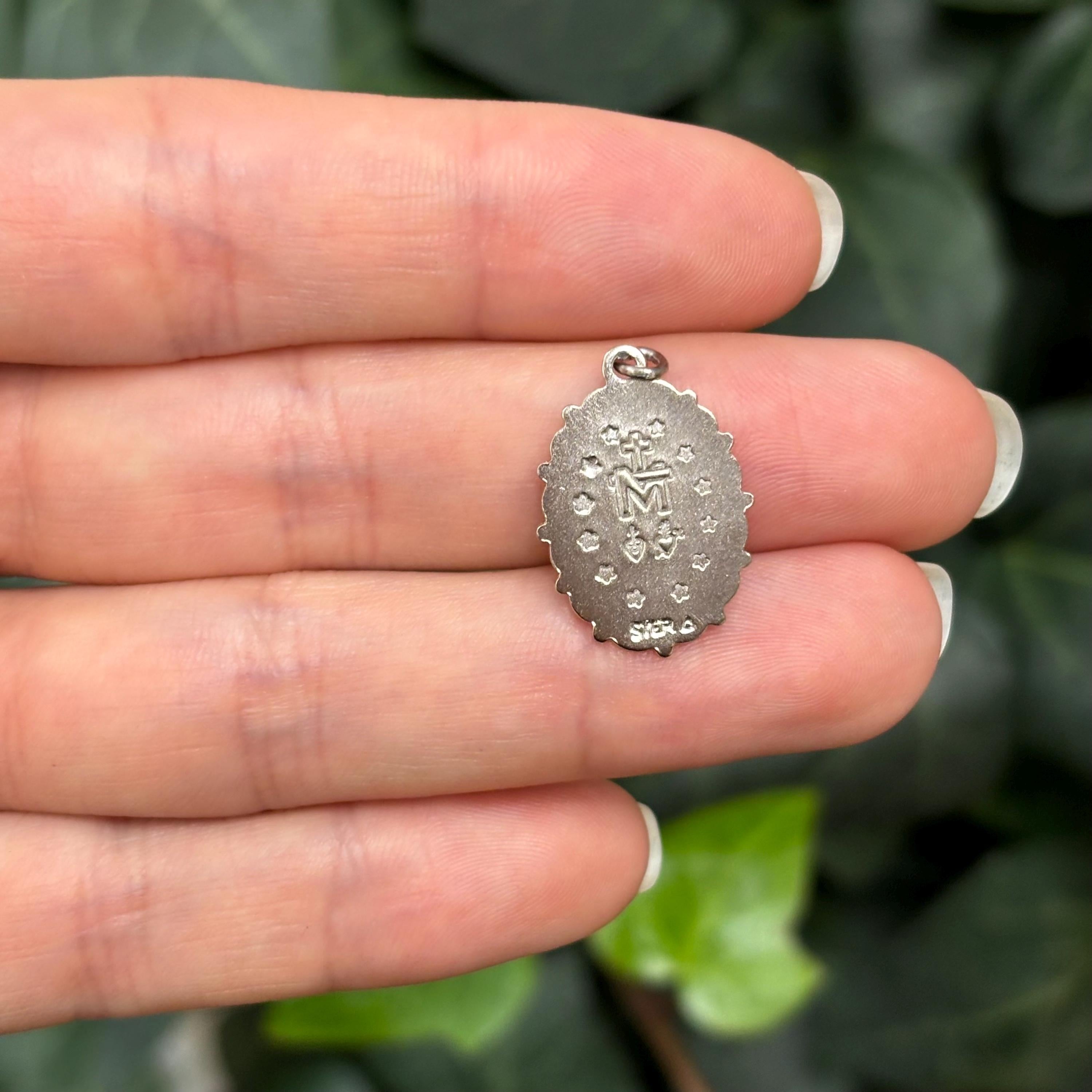 Sterling Silver Miraculous Medal Oval Blue Medal Charm Pendant