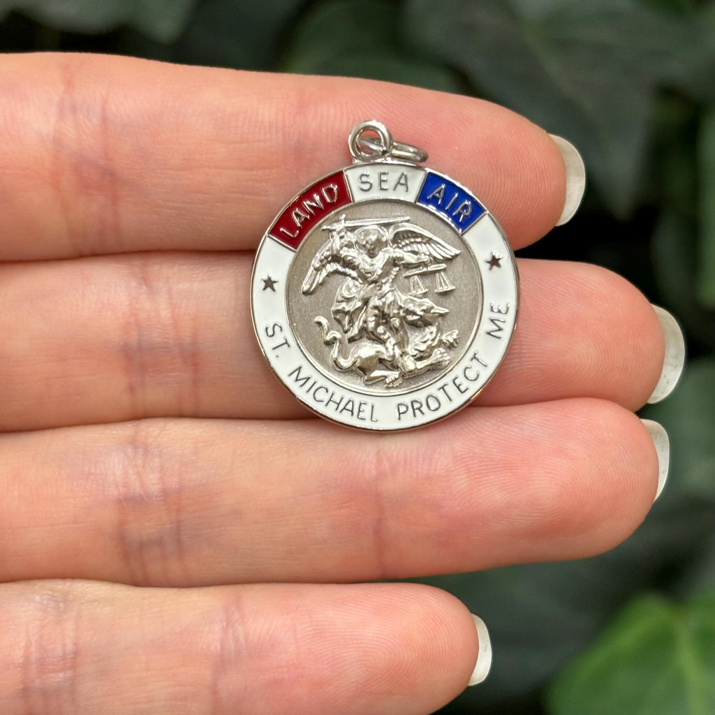 Sterling Silver St Michael Enamel Medal Pendant