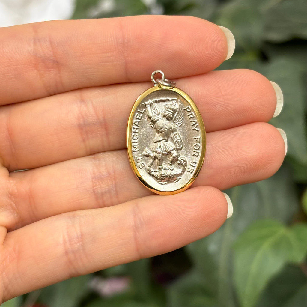 Sterling Silver St Michael Oval Medal Pendant Gold Vermeil