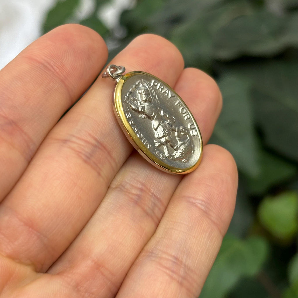 Sterling Silver St Michael Oval Medal Pendant Gold Vermeil