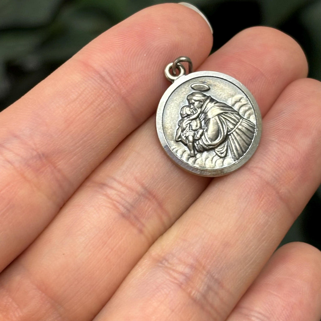 Sterling Silver St Anthony Antiqued Round Medal Charm Pendant