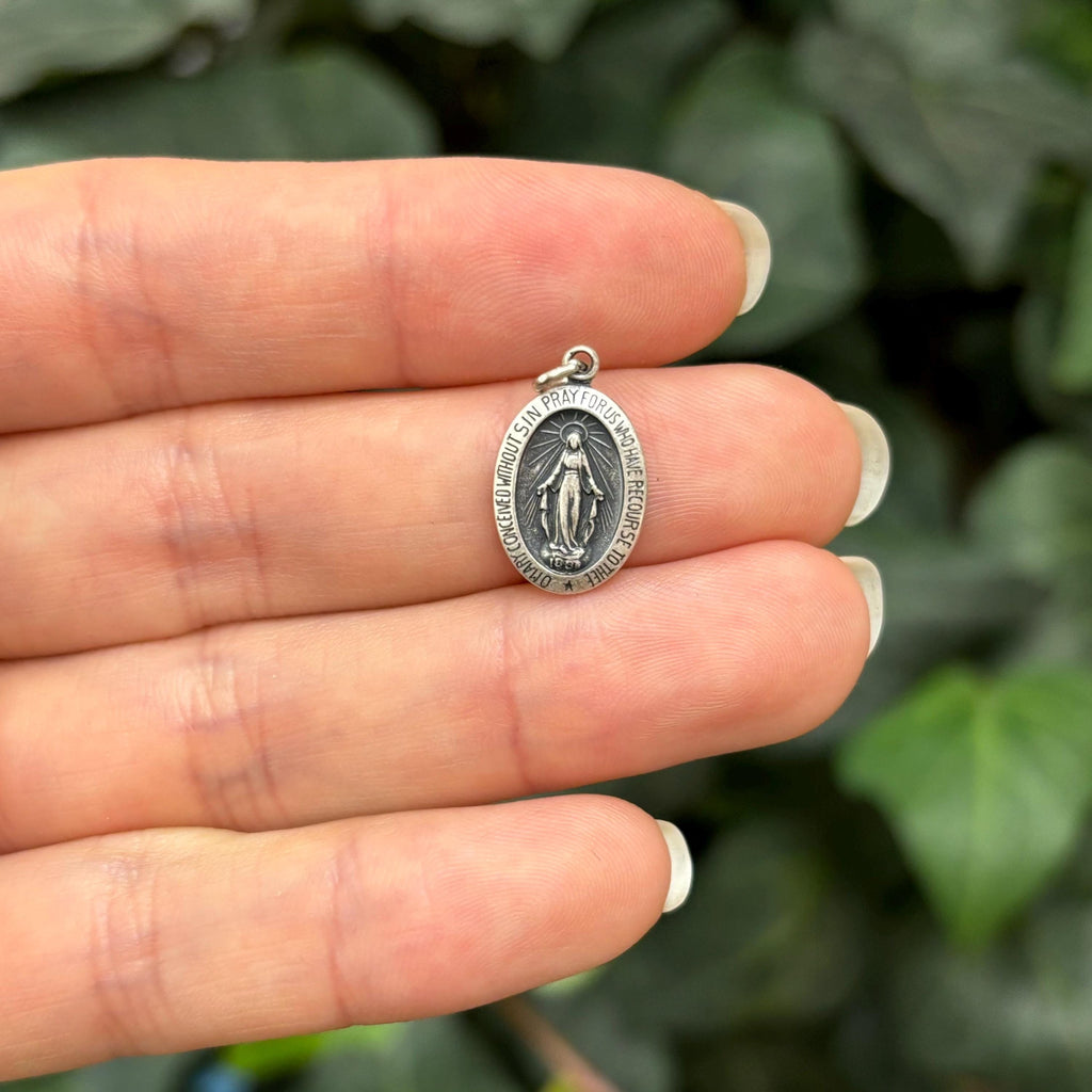 Sterling Silver Miraculous Medal Oval Medal Charm Pendant 17mm x 10mm
