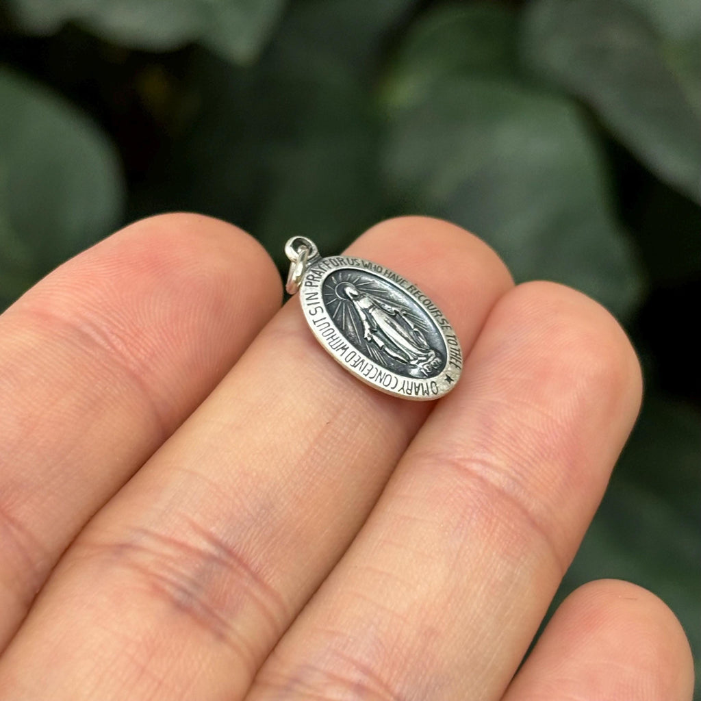Sterling Silver Miraculous Medal Oval Medal Charm Pendant 17mm x 10mm