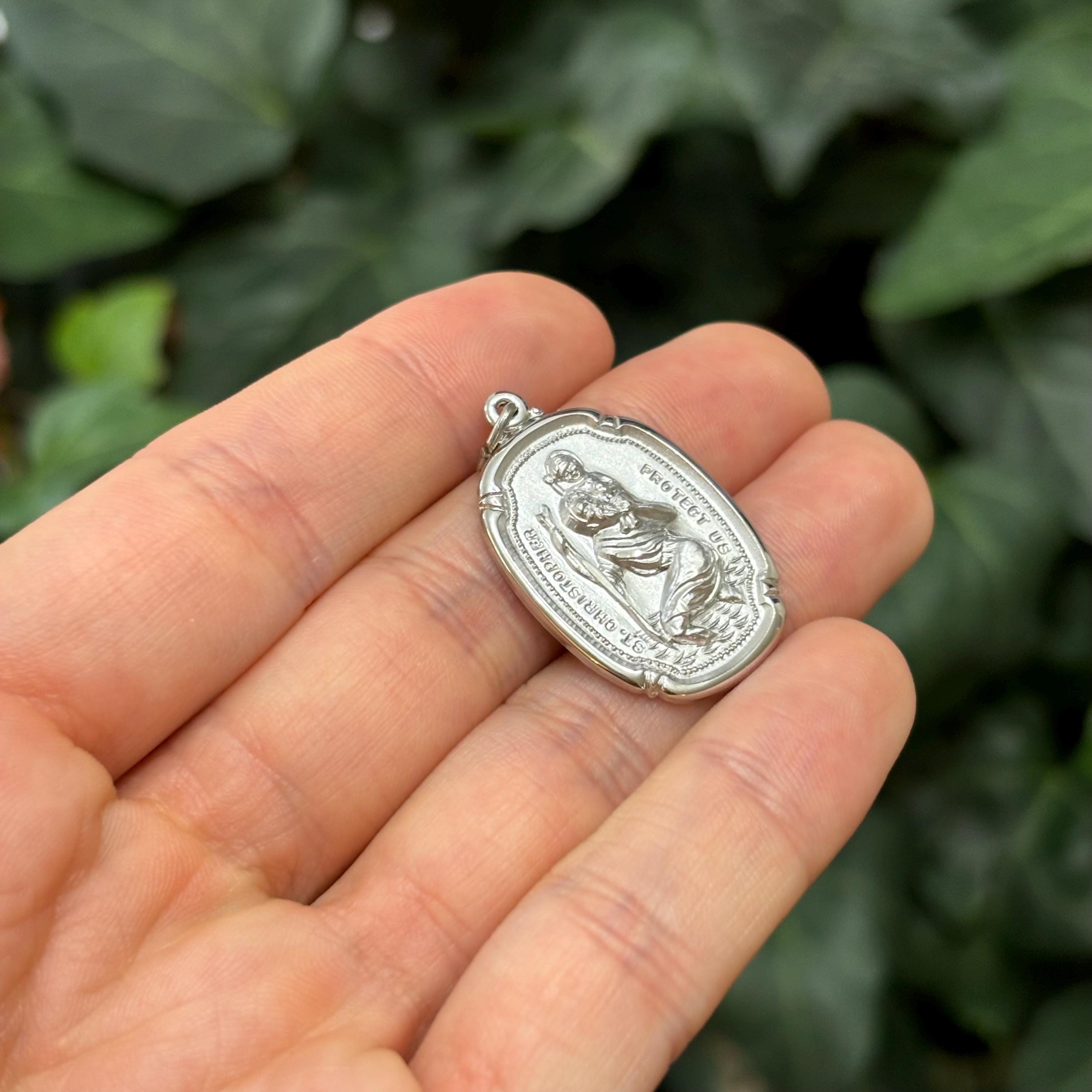 Sterling Silver St Christopher Framed Oval Pendant 31mm x 20mm Matte