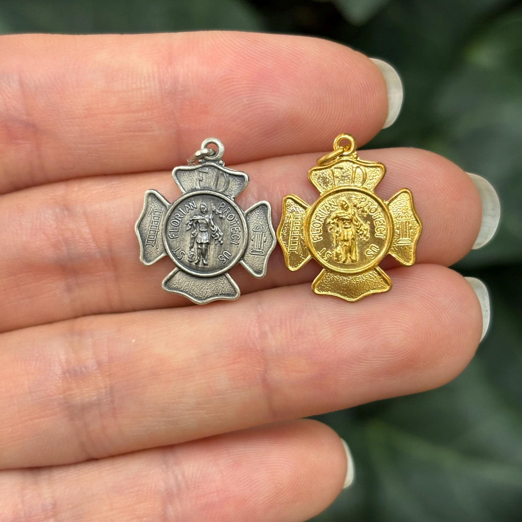 Sterling Silver or 24KT Yellow Gold-Plated St Florian Fireman Badge Medal Pendant 17mm