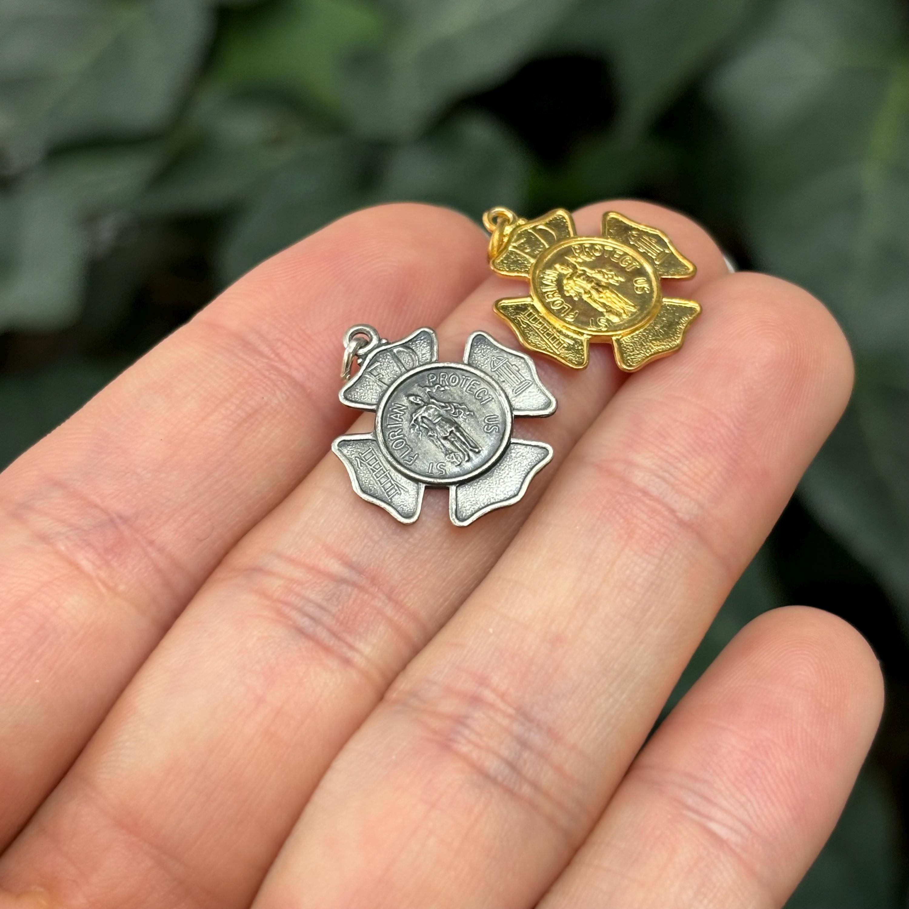 Sterling Silver or 24KT Yellow Gold-Plated St Florian Fireman Badge Medal Pendant 17mm