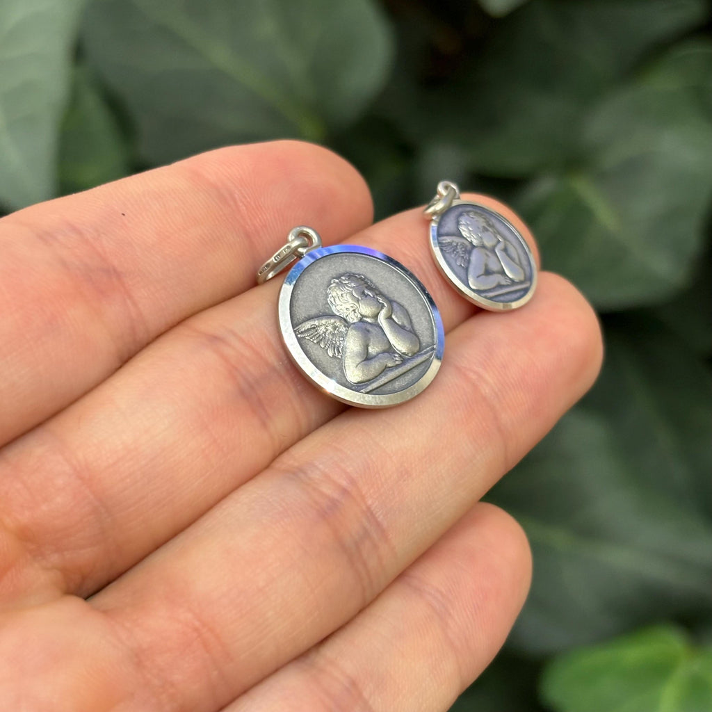 Sterling Silver Raphael Angel Round Medal Charm Pendant