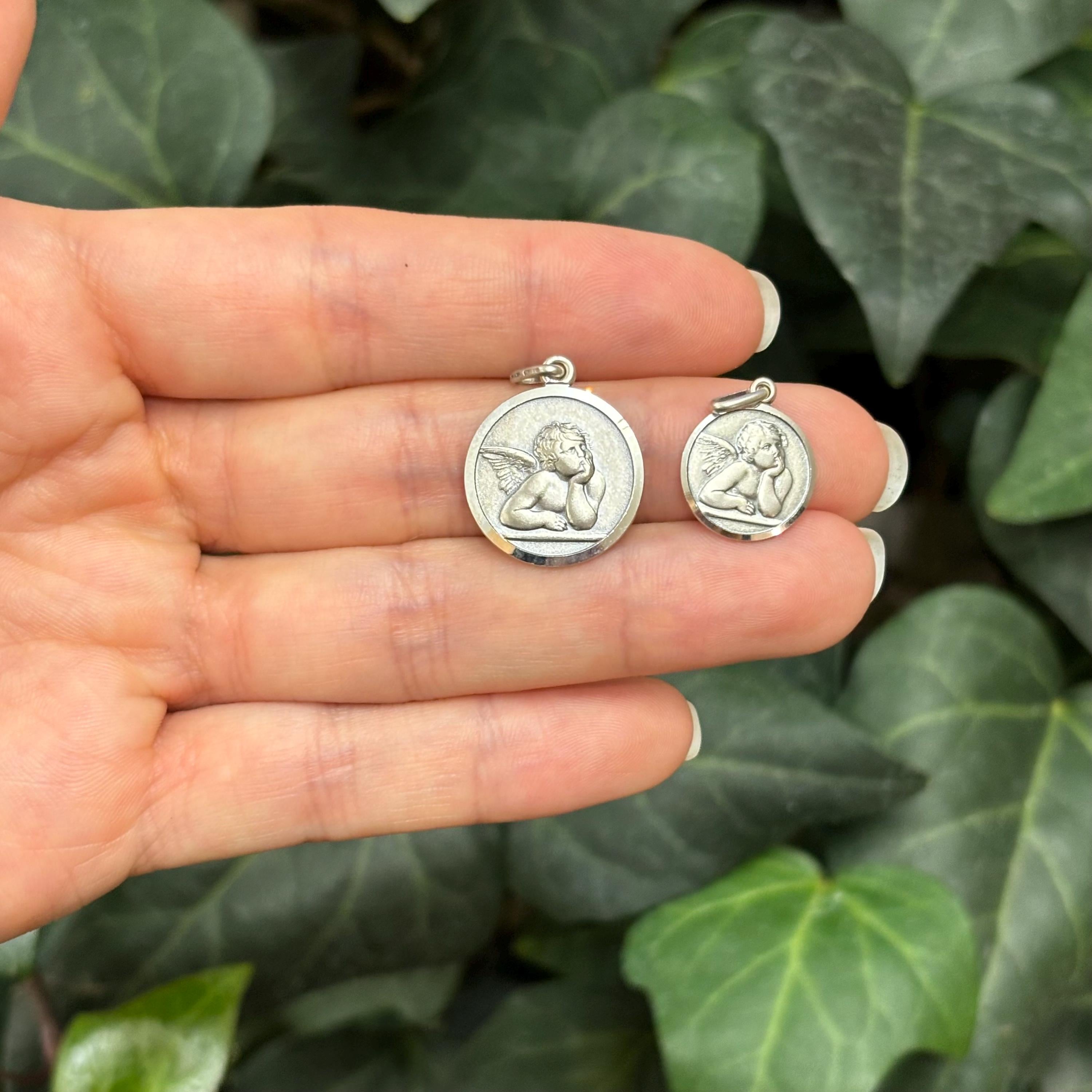 Sterling Silver Raphael Angel Round Medal Charm Pendant