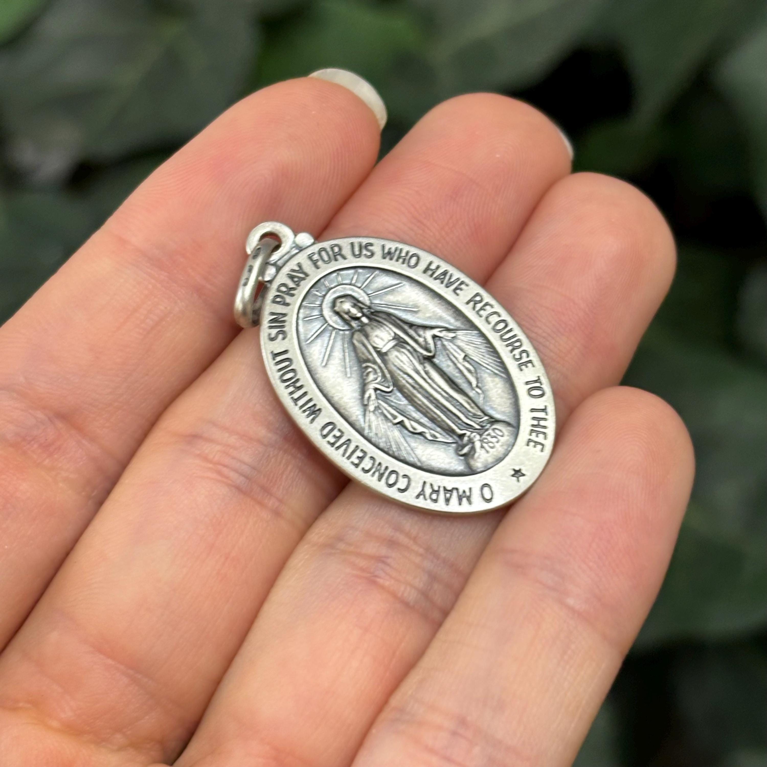 Sterling Silver Miraculous Medal Oval Medal Pendant 34mm x 30mm