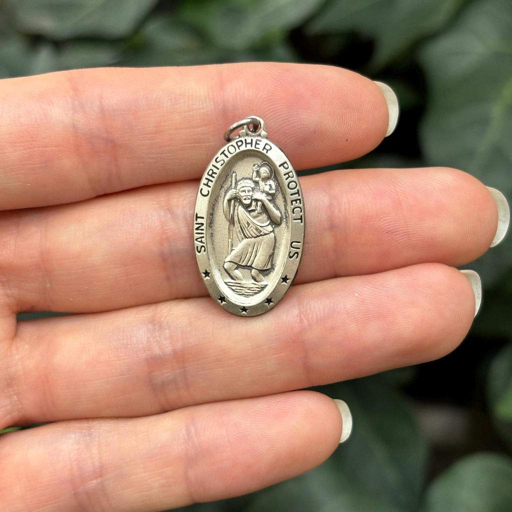 Sterling Silver St Christopher Oval Pendant 29mm x 17mm Matte
