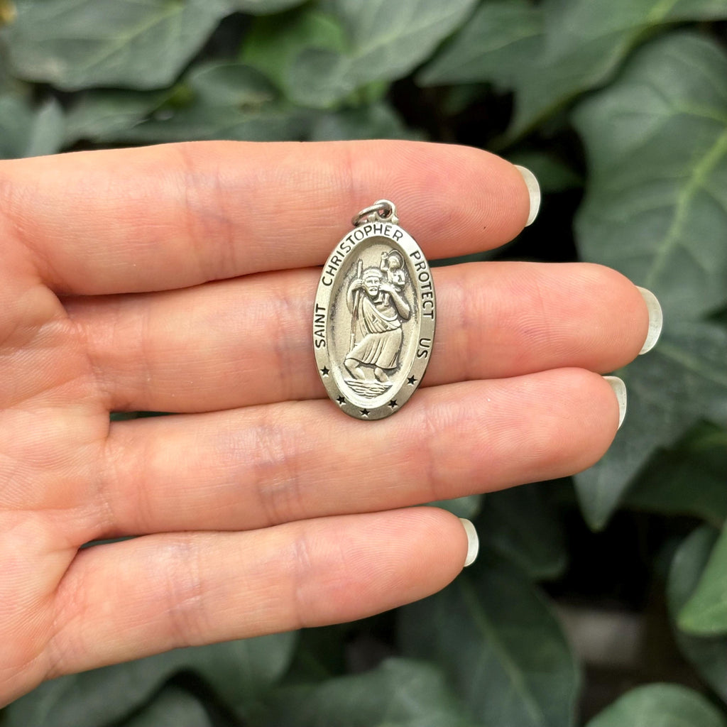 Sterling Silver St Christopher Oval Pendant 29mm x 17mm Matte