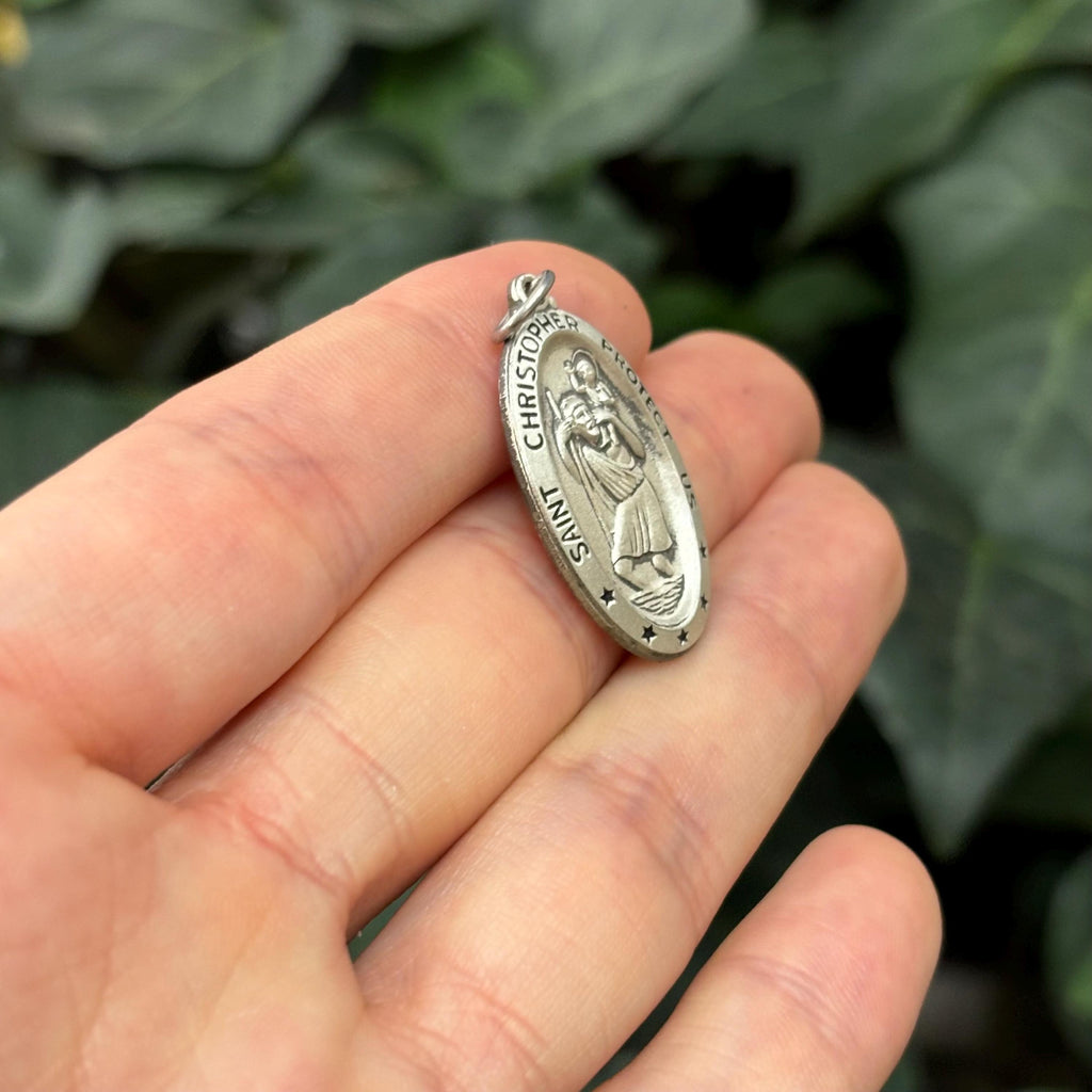 Sterling Silver St Christopher Oval Pendant 29mm x 17mm Matte