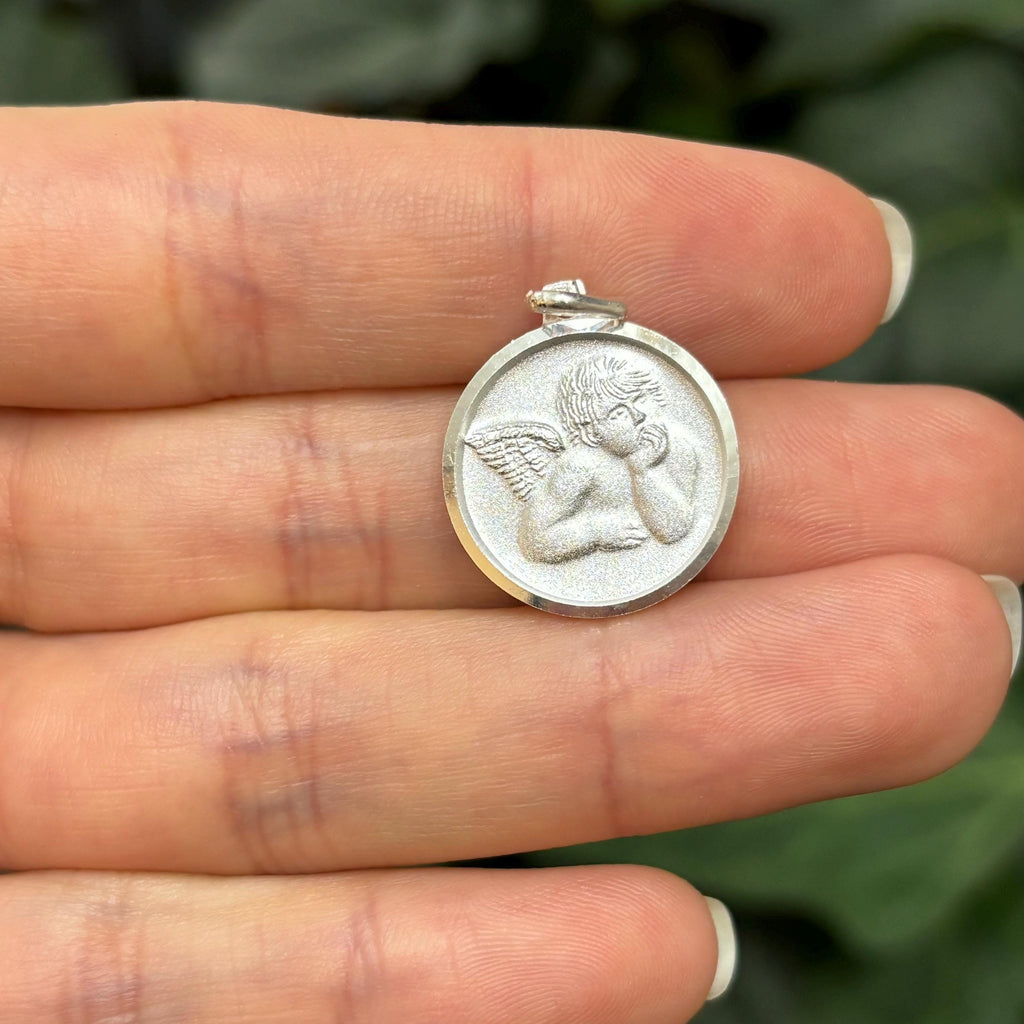 Sterling Silver Raphael Angel Round Medal Charm Pendant 20mm