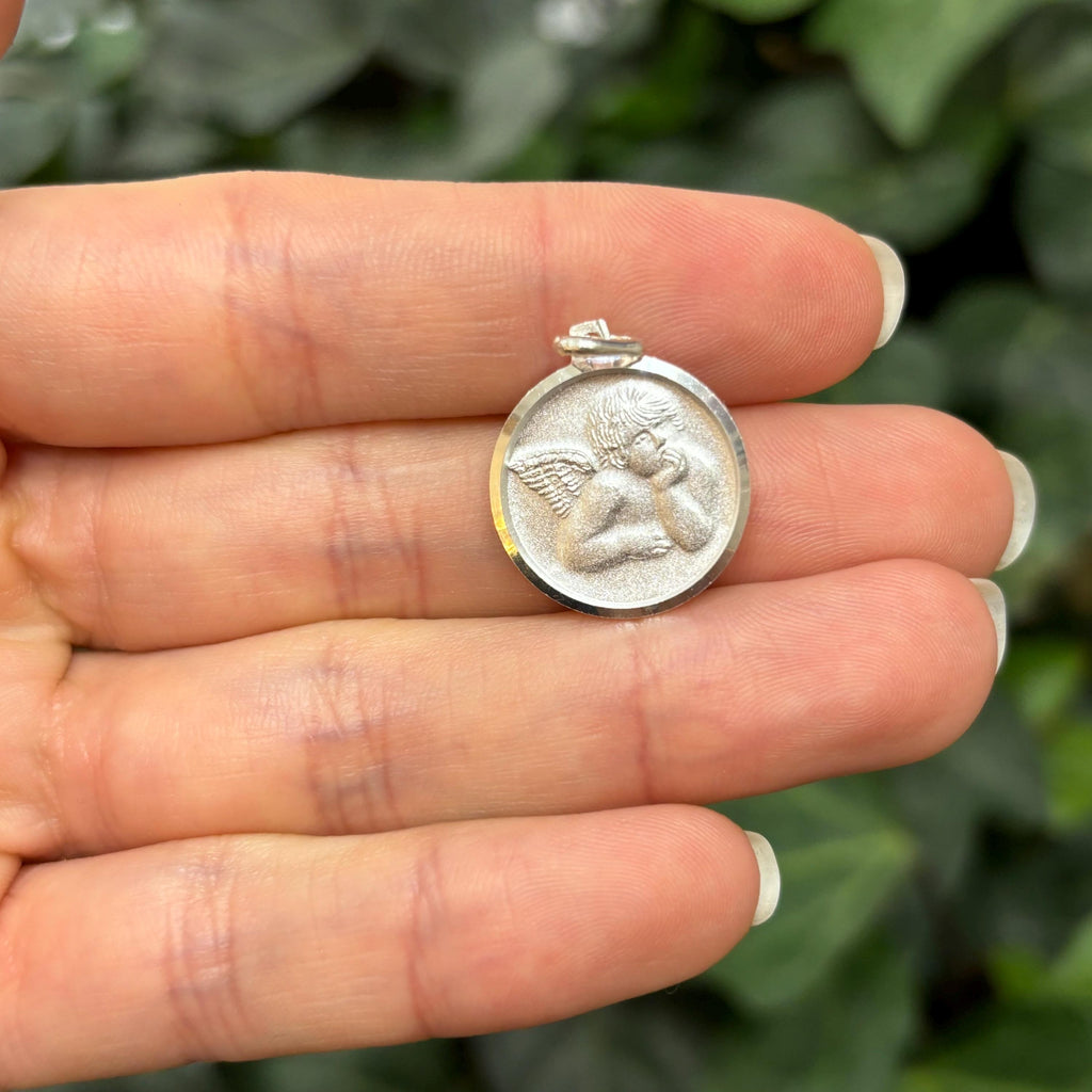 Sterling Silver Raphael Angel Round Medal Charm Pendant 20mm