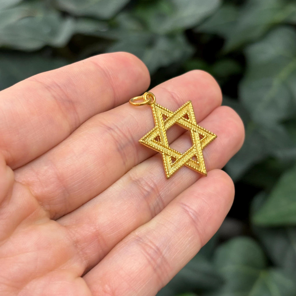 24K Gold Plated Sterling Silver Judica Star of David Magan Star Pendant 22mm