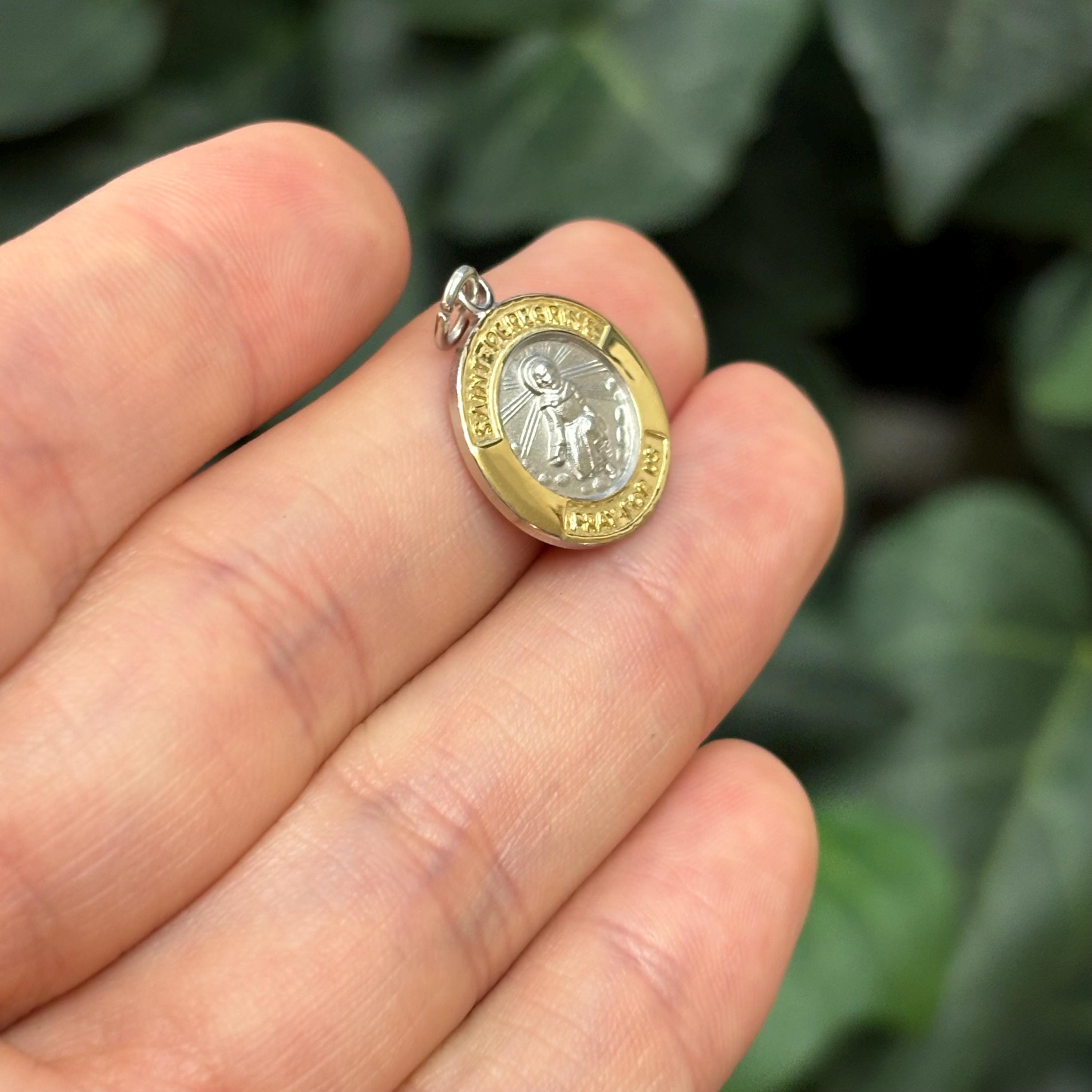 Sterling Silver Gold-Tone St Peregrine Round Medal Pendant 15mm