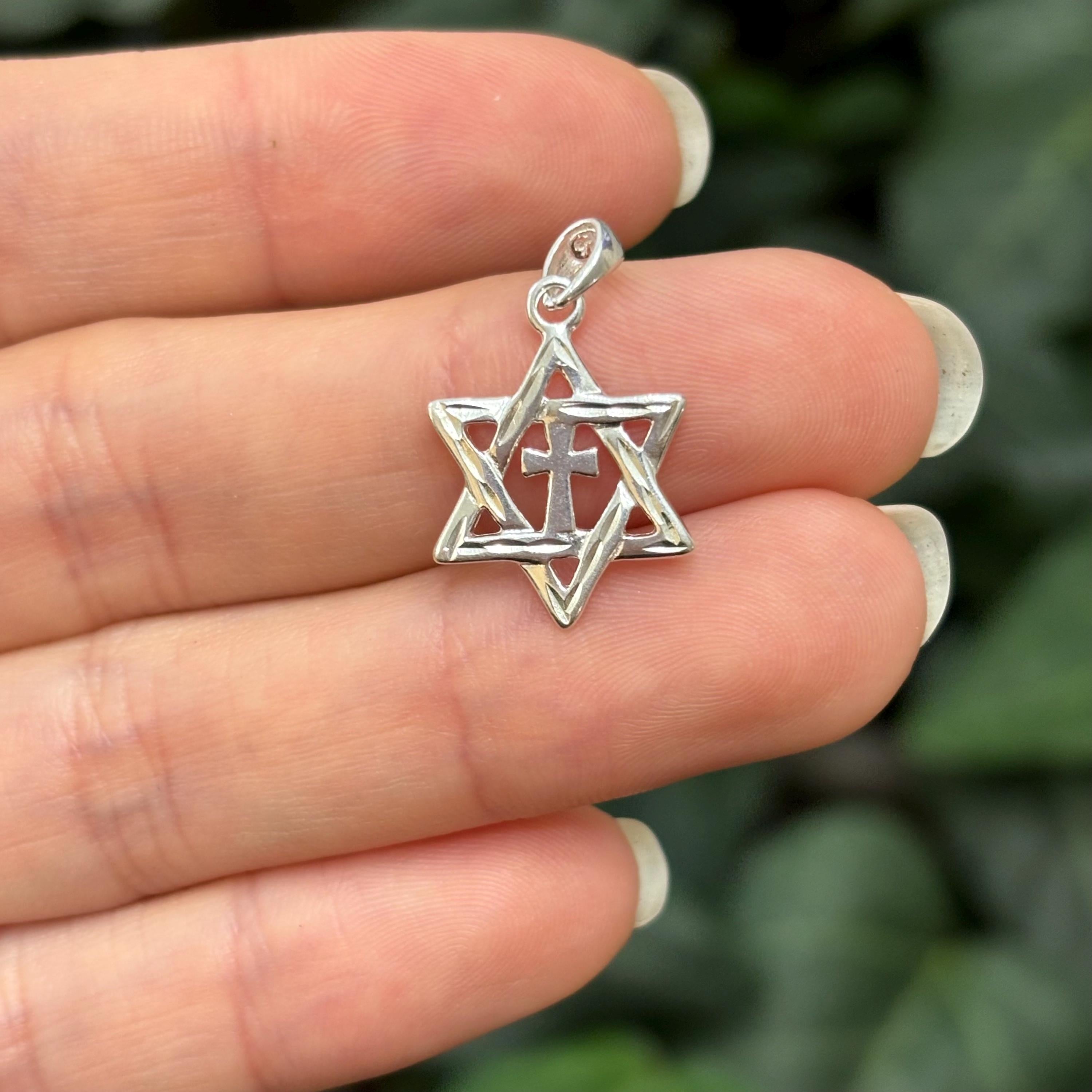 Sterling Silver Judica Star of David Magan Star and Cross Pendant