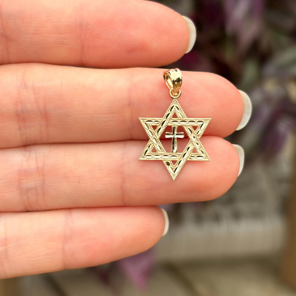 14k Gold Judica Star of David Cross Magan Star Charm Pendant