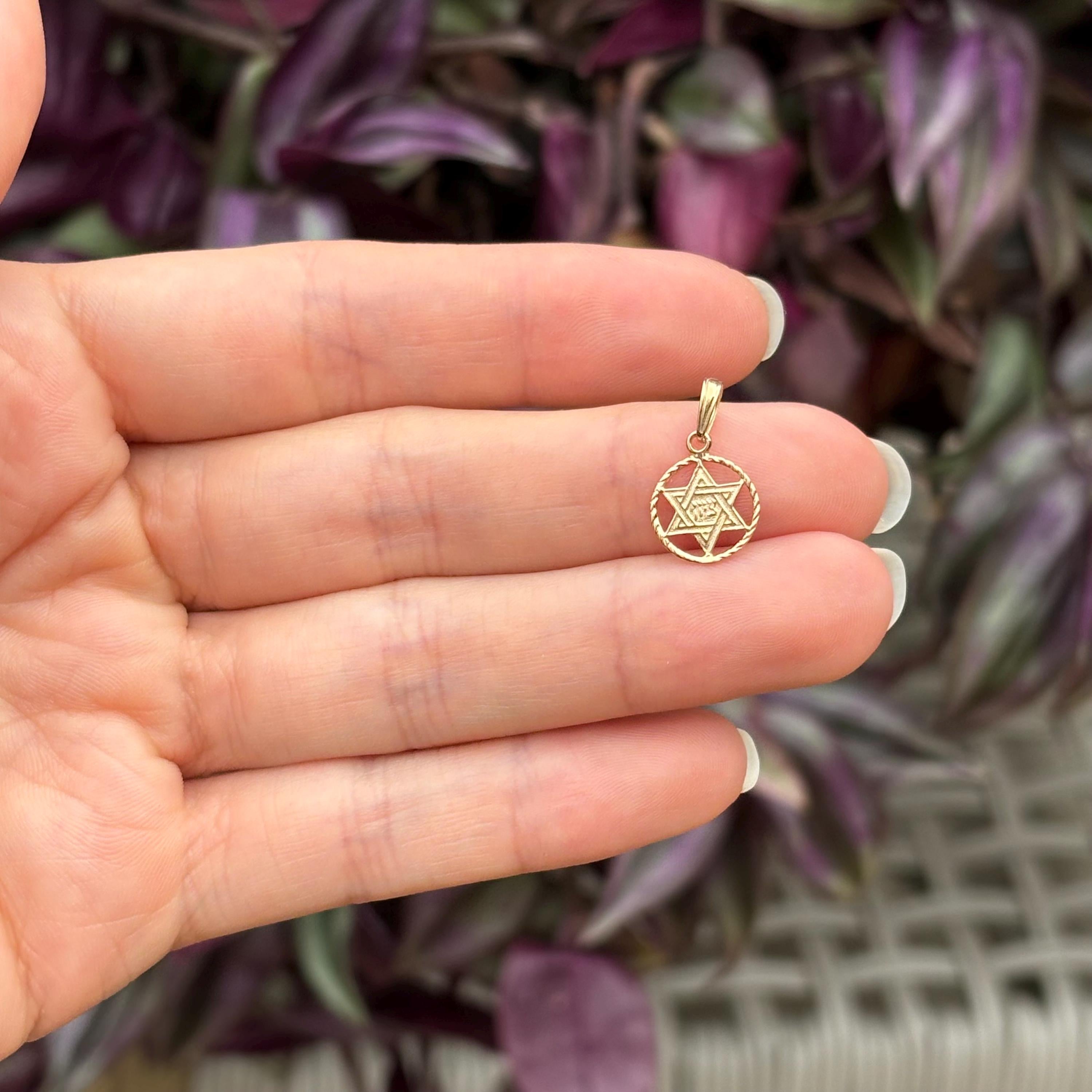 14k Gold Judica Star of David Magan Star Circle Frame Charm Pendant