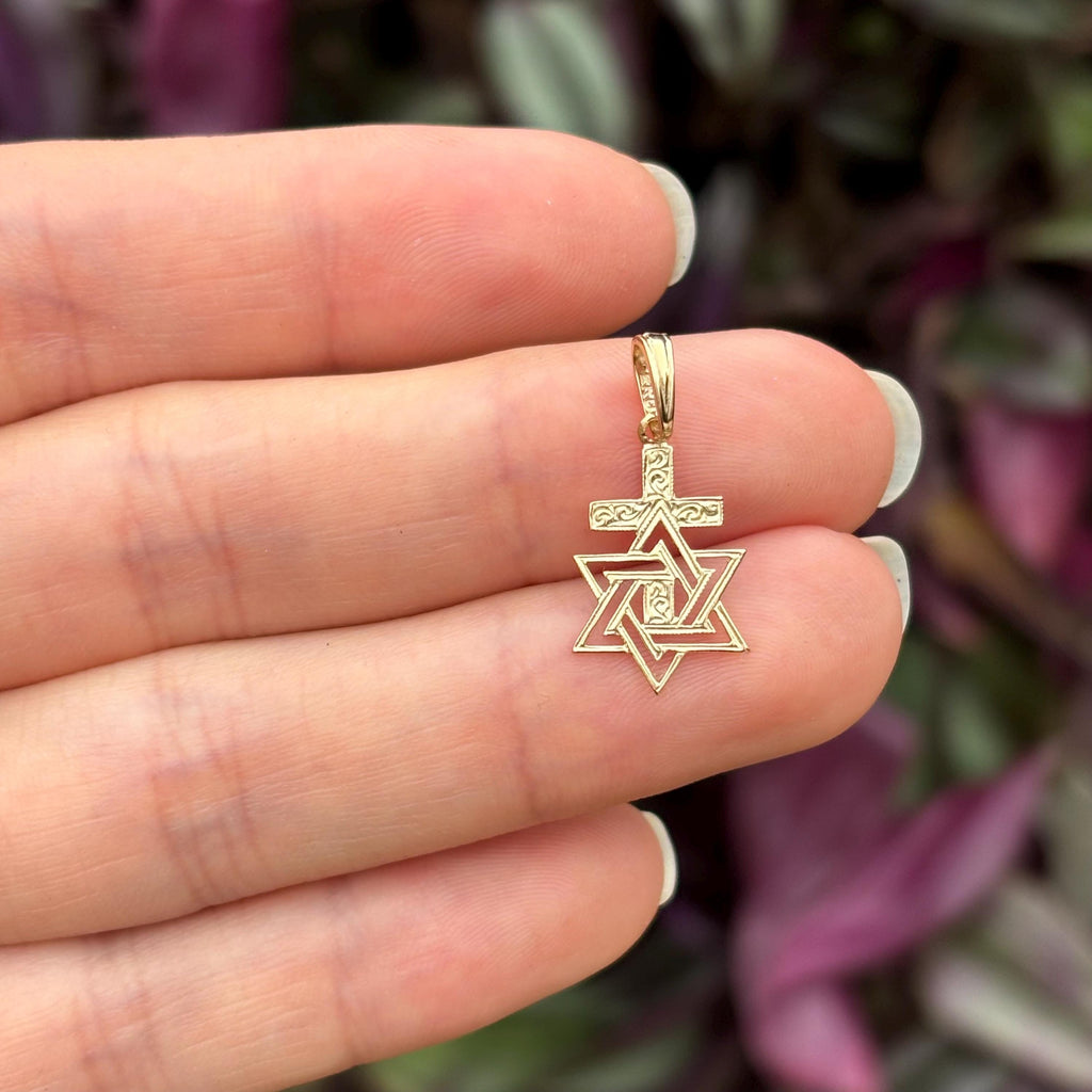 14k Gold Judica Star of David Magan Cross Star Charm Pendant